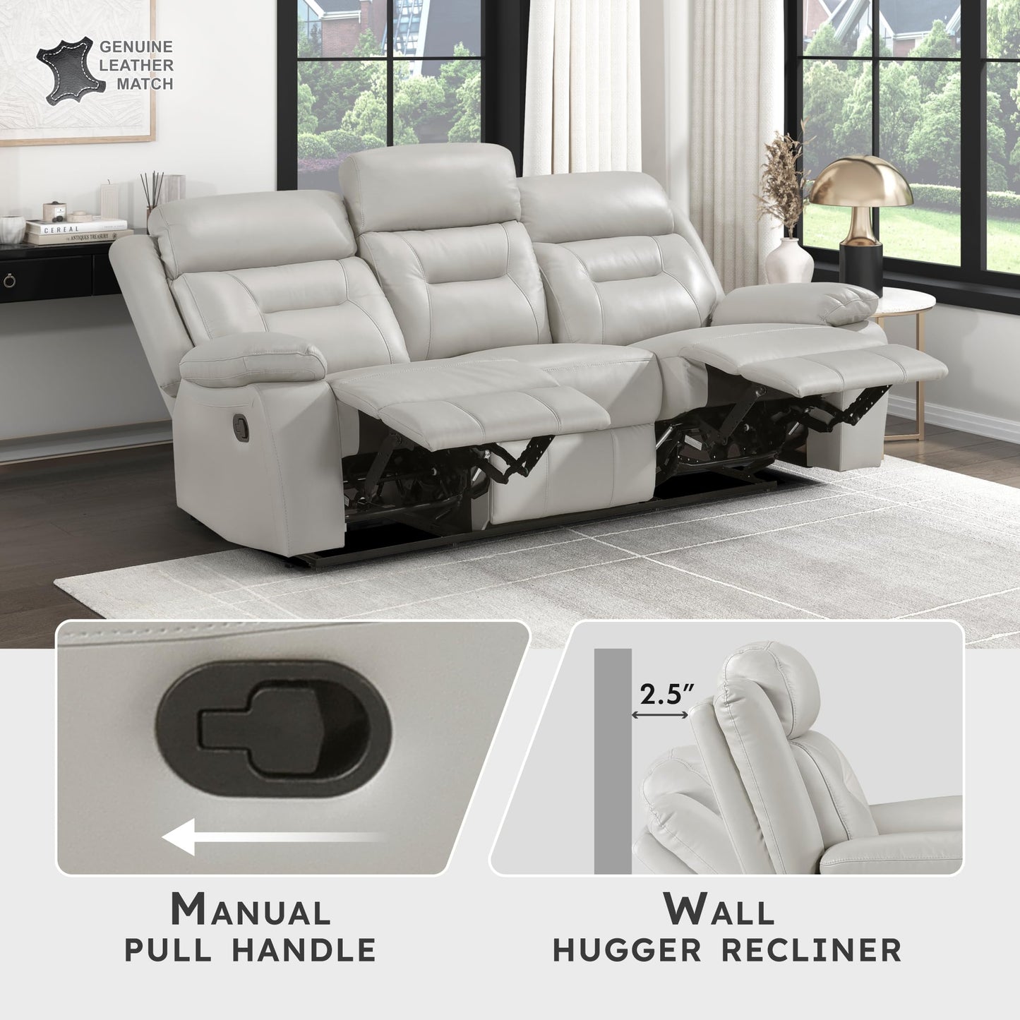 Lexicon Reclining Sofa for Living Room, Double Recliner RV Couch, Manual Wall Hugger Recliner, Home Theater Seating Leather Match Reclining Sofa with Pillow Top Armrests, 87''W Couch, Silver