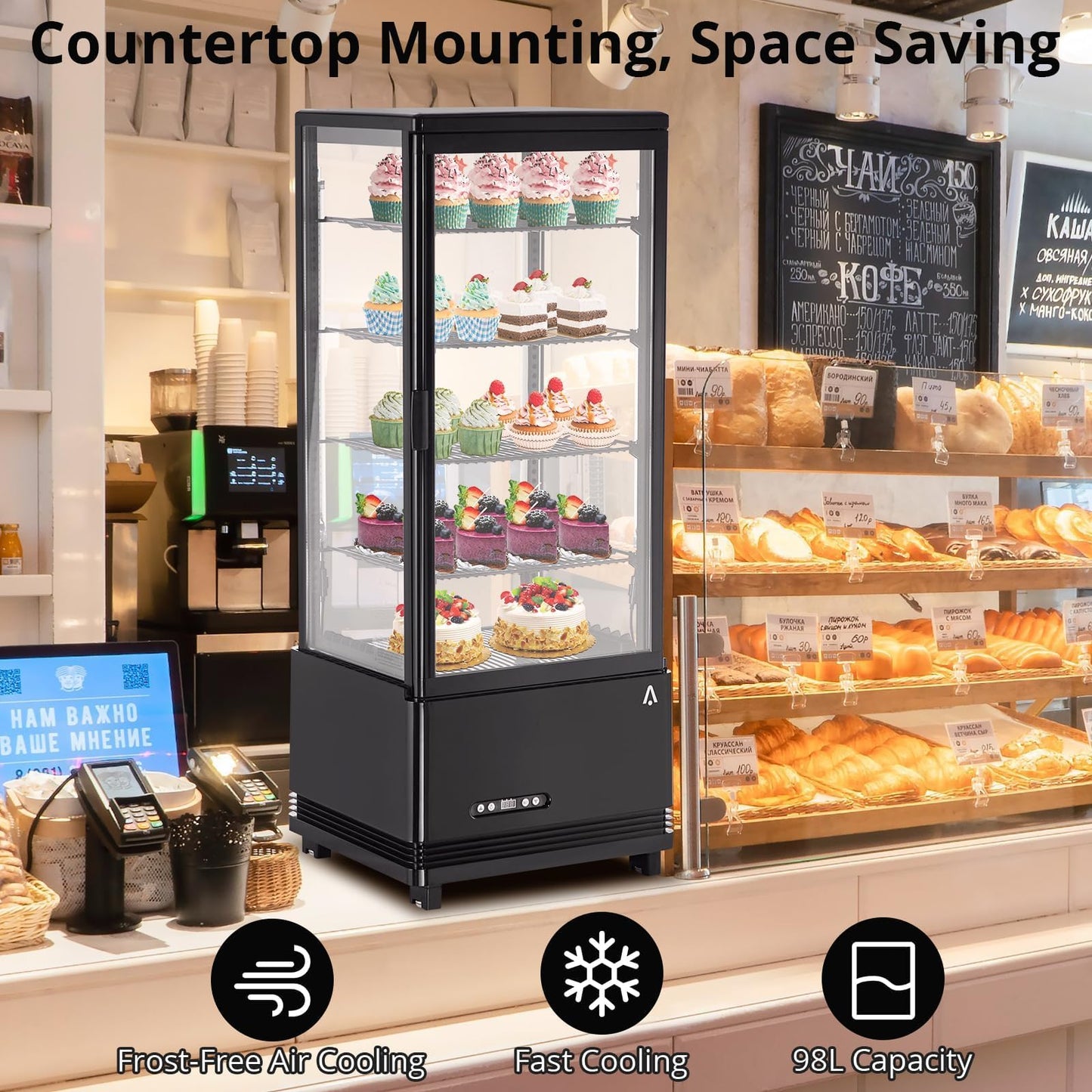 Countertop Display Refrigerator 3.4 Cu.ft, 4-Tier LED Pastry Cooler, Sliding Door, Adjustable Shelves, Commercial Fridge for Bakery Cafe Restaurant, Frost-Free, Black