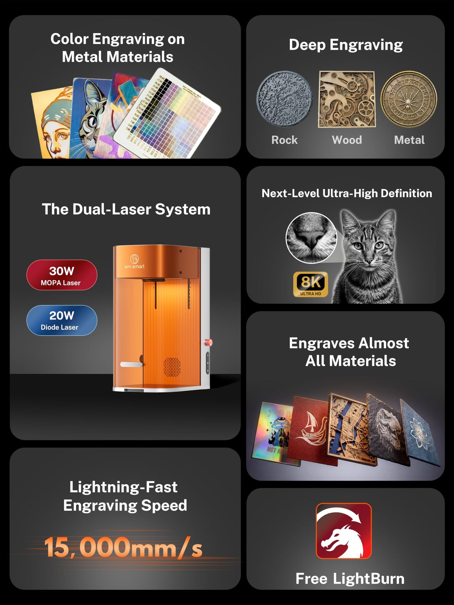 EM-Smart Dual 2, 30W MOPA + 20W Diode Laser Engraver, 100+ Color Metal Engraving, 15000mm/s Fast Laser Engraver and Cutting Machine for Jewelry, Metal, Wood, Leather, Acrylic, Glass, and More