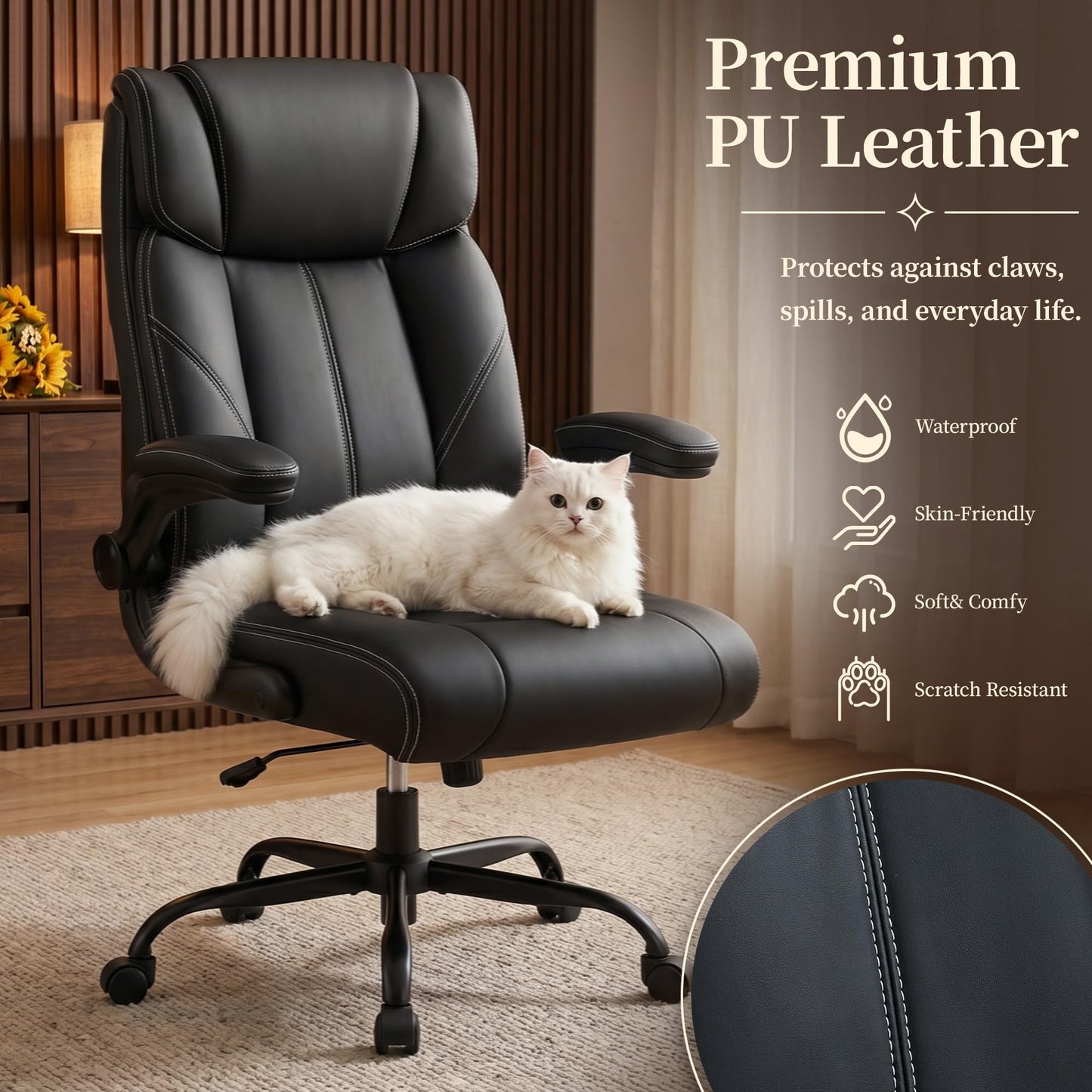 OwgeinSet Office Chair, Leather Ergonomic Computer Desk Chair with Rocking Function, High Back Executive Home Office Chair with Adjustable Flip-up Armrests, Lumbar Support, 360° Swivel, Black