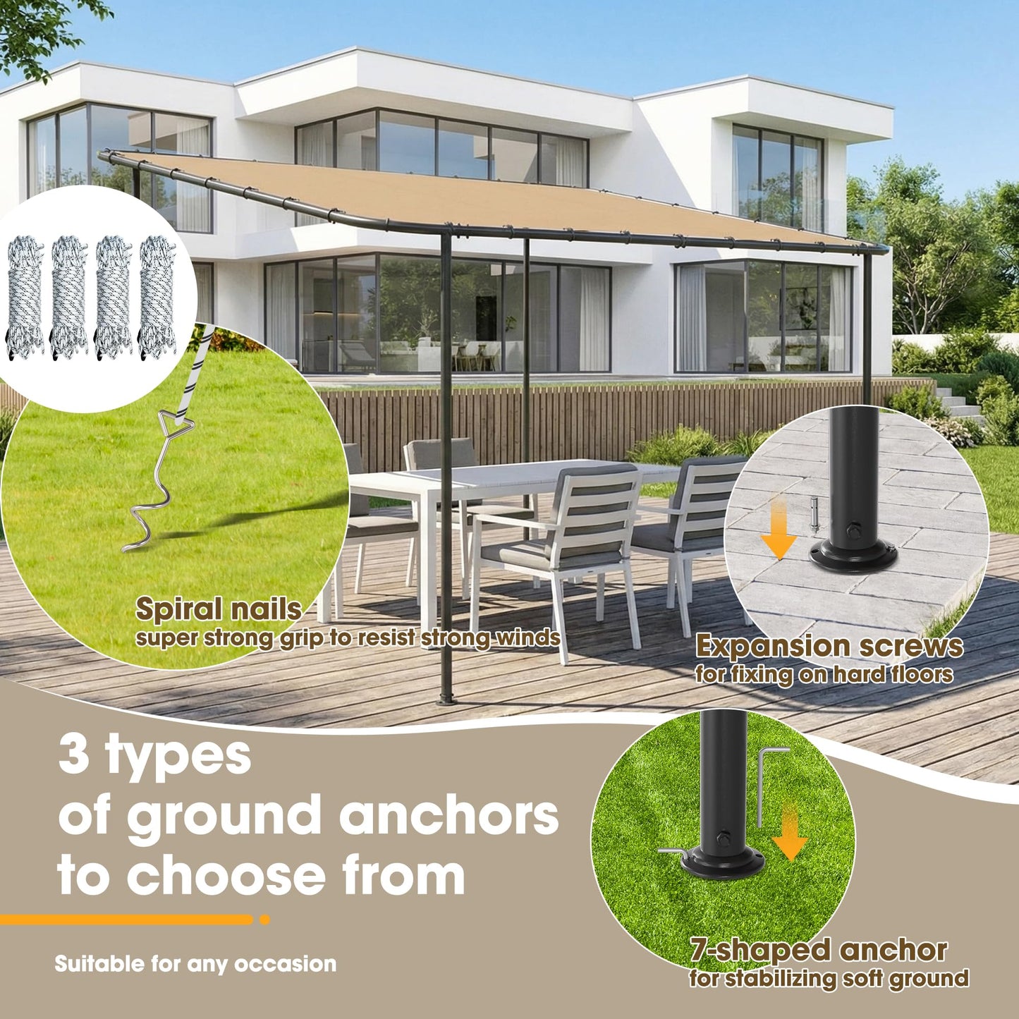 TOBYUL 12'x10' Lean to Gazebo Pergola with 3 Types Ground Nails and Weatherproof Canopy, Large Wall-Mounted Galvanized Steel Frame Shelter, Outdoor Sloped Roof Awning for Patio, Deck, Backyard (Khaki)