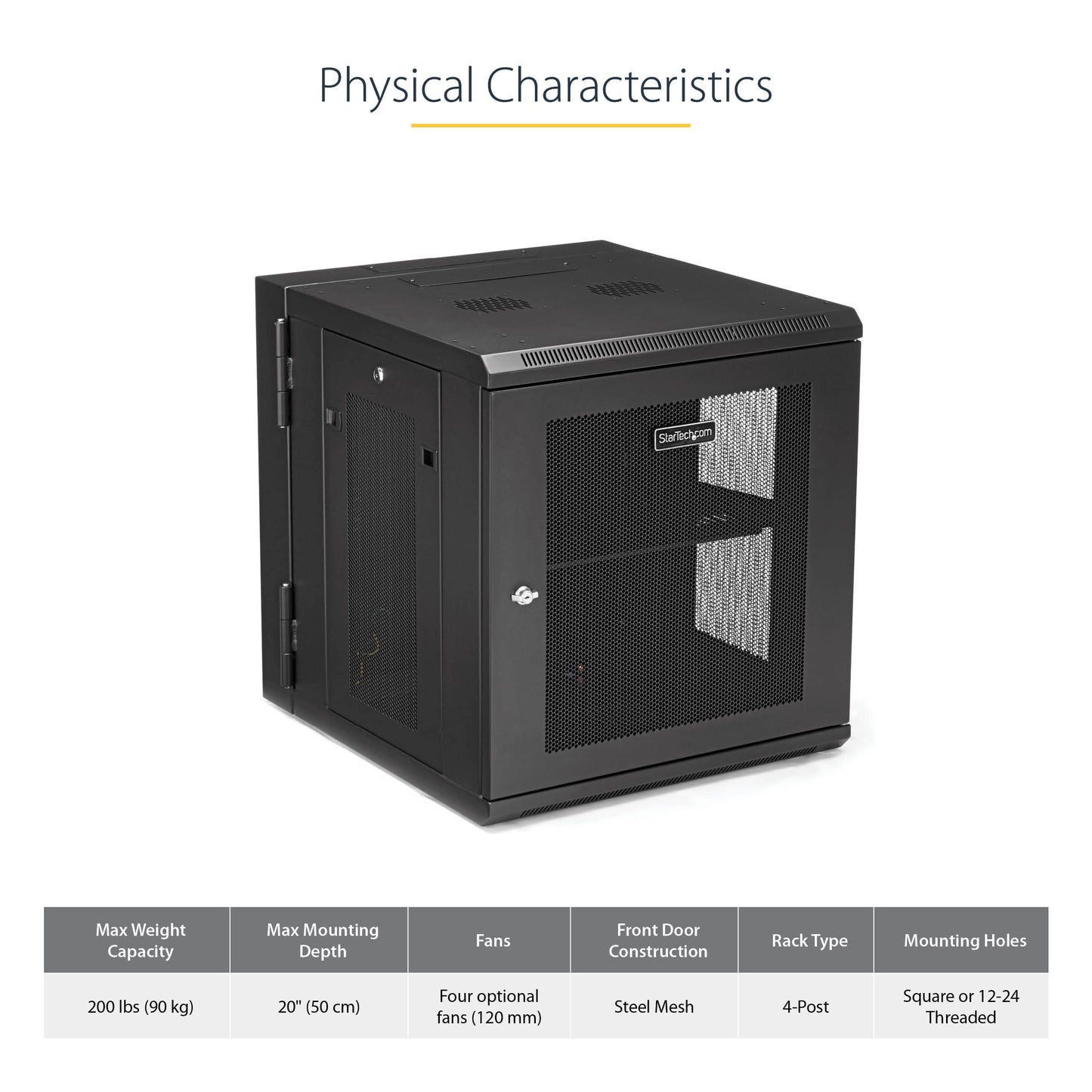 StarTech.com 4-Post 12U Wall Mount Network Cabinet with 1U Shelf, 19in Wall-Mounted Server Rack Kit, Up to 20in Mounting Depth, Ships Fully Assembled, Black