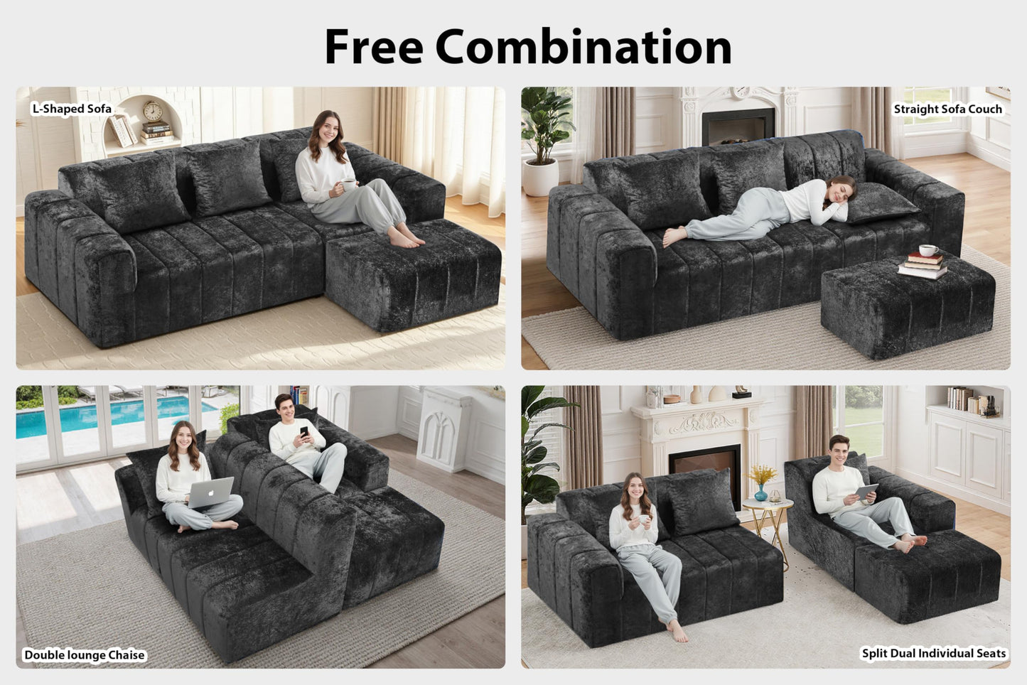 HABUTWAY 95" Modular Sectional Sofa with Chaise, L-Shaped Cloud Couch with Deep Seat, Convertible Upholstered Boneless Couch for Living Room Apartments Bedroom, No Assembly Required, Black