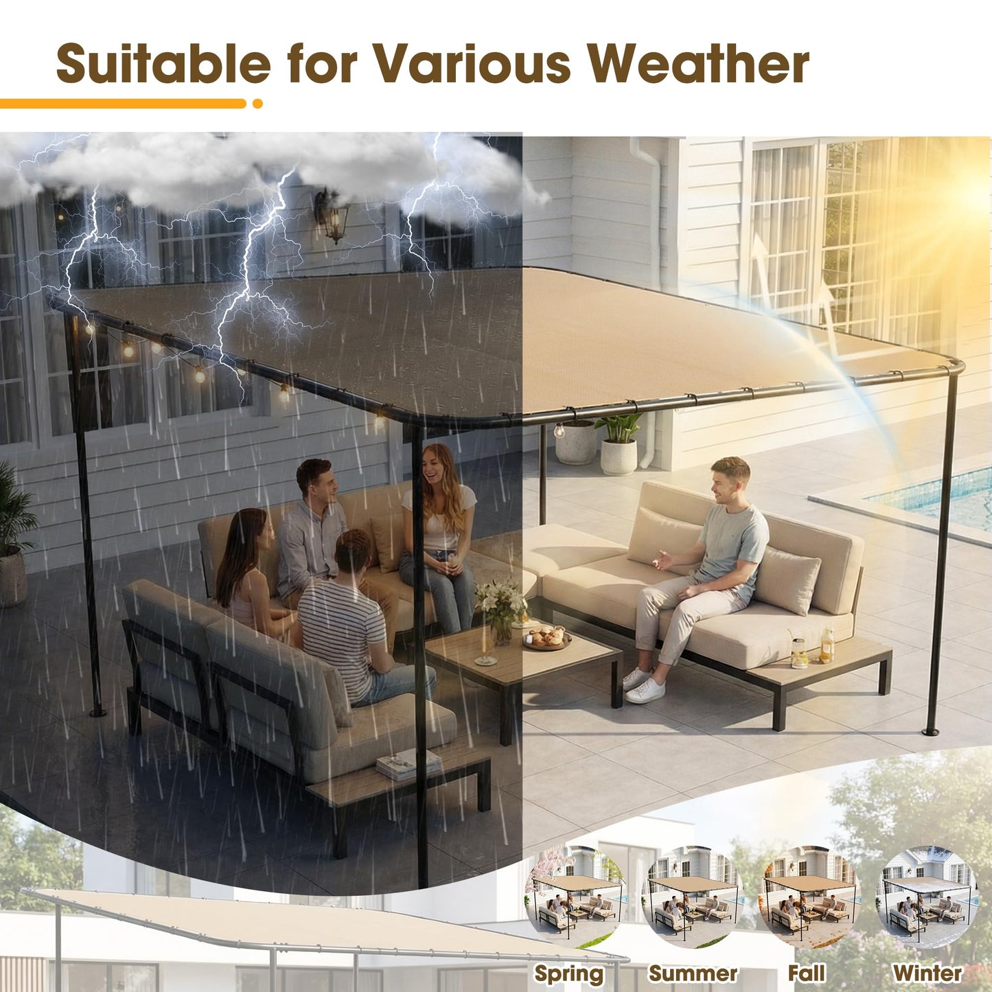 TOBYUL 12'x10' Lean to Gazebo Pergola with 3 Types Ground Nails and Weatherproof Canopy, Large Wall-Mounted Galvanized Steel Frame Shelter, Outdoor Sloped Roof Awning for Patio, Deck, Backyard (Khaki)