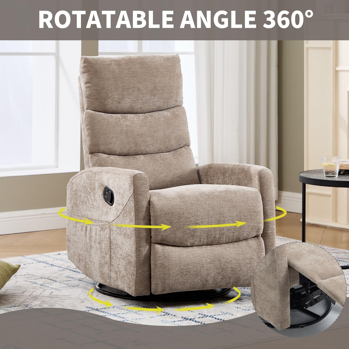 KEIKI 4-in-1 Manual Swivel Rocker Recliner Chair for Home Living Room, Chenille Chair with Back Massager & Heat, Home Theater Seating with Lumbar Support, Comfy Bedroom Chairs for Elderly, Khaki