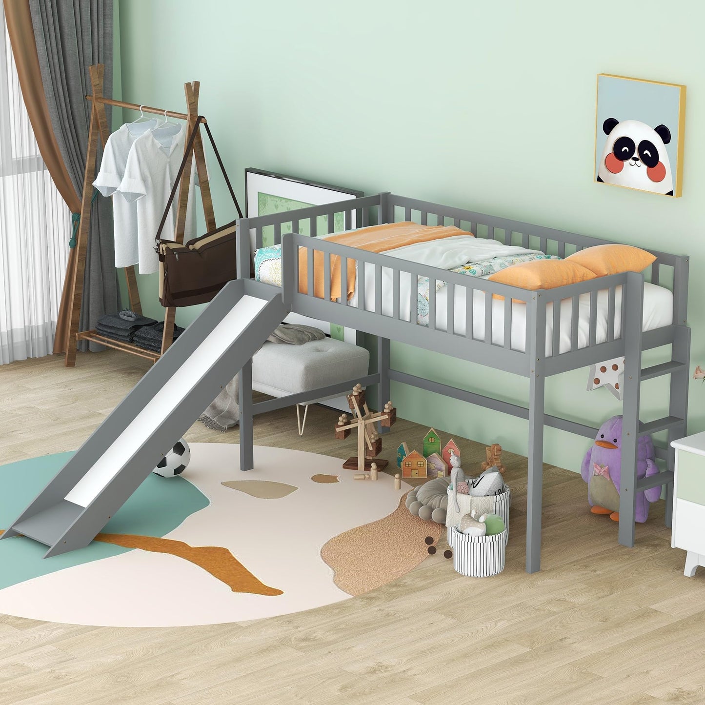 Bellemave Twin Size Low Loft Bed Frame with Slide,Kids Loft Bed with Ladder,Solid Wood Low Loft Bed Twin Size for Girls Boys,Gray