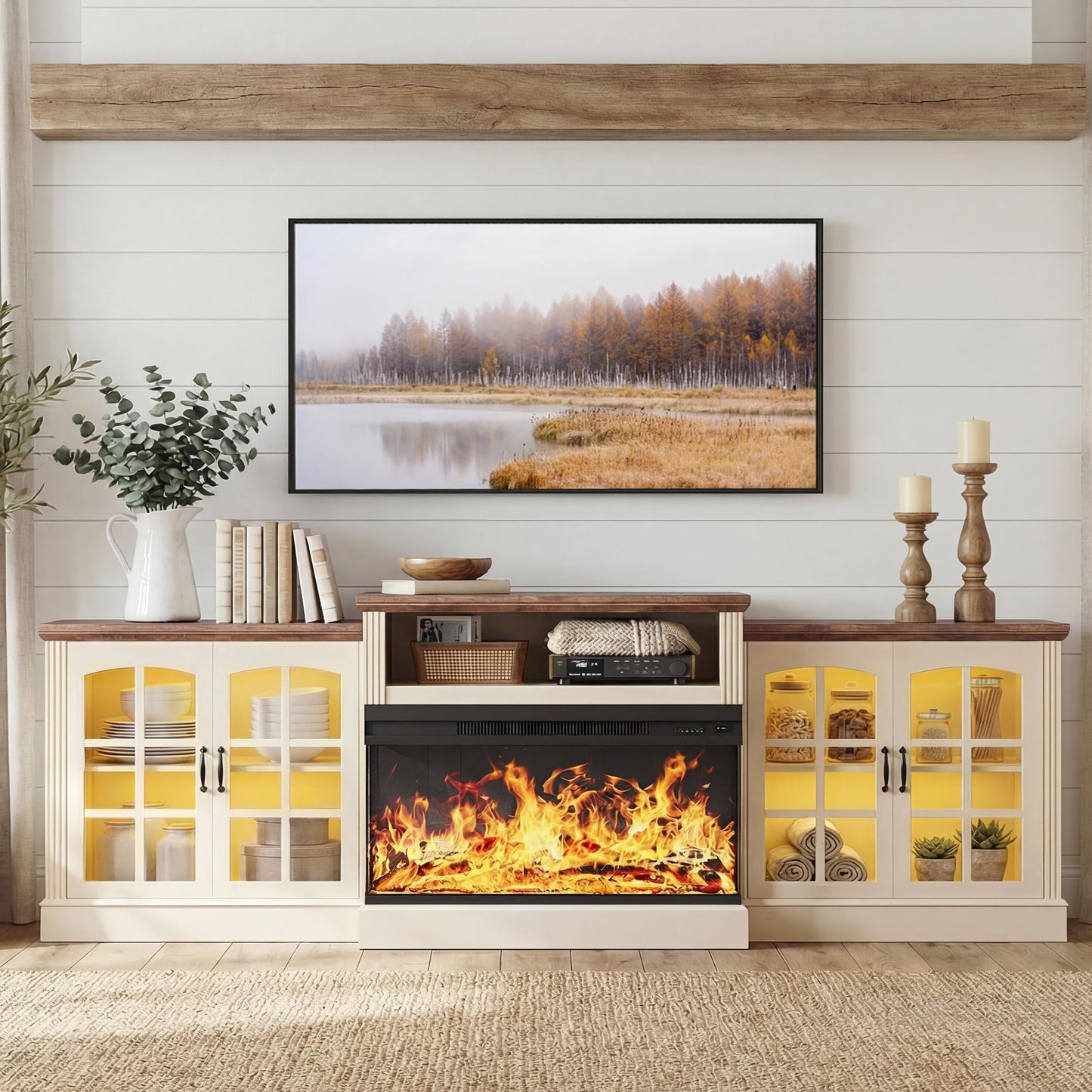 97" Farmhouse Fireplace TV Stand for TVs Up to 100", Entertainment Center with 36" 3-Sided Glass Electric Fireplace, 12 Flame Colors & LED Light Modes, Media Console for Living Room, White