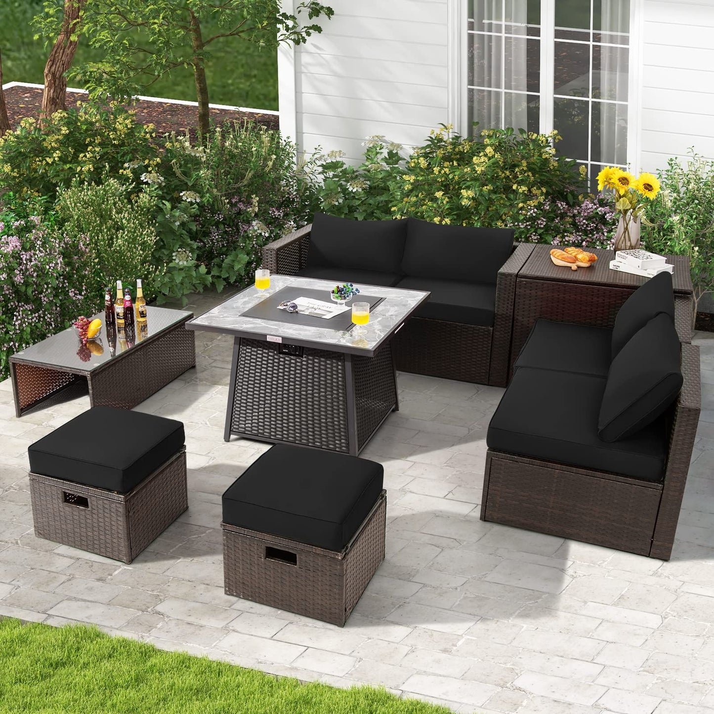 Tangkula 9 Pieces Outdoor Patio Furniture Set with 35-Inch Propane Fire Pit Table, Outdoor PE Wicker Sectional Sofa Set with Storage Box and Cushions, 50,000 BTU Gas Fire Pit Table (Black)