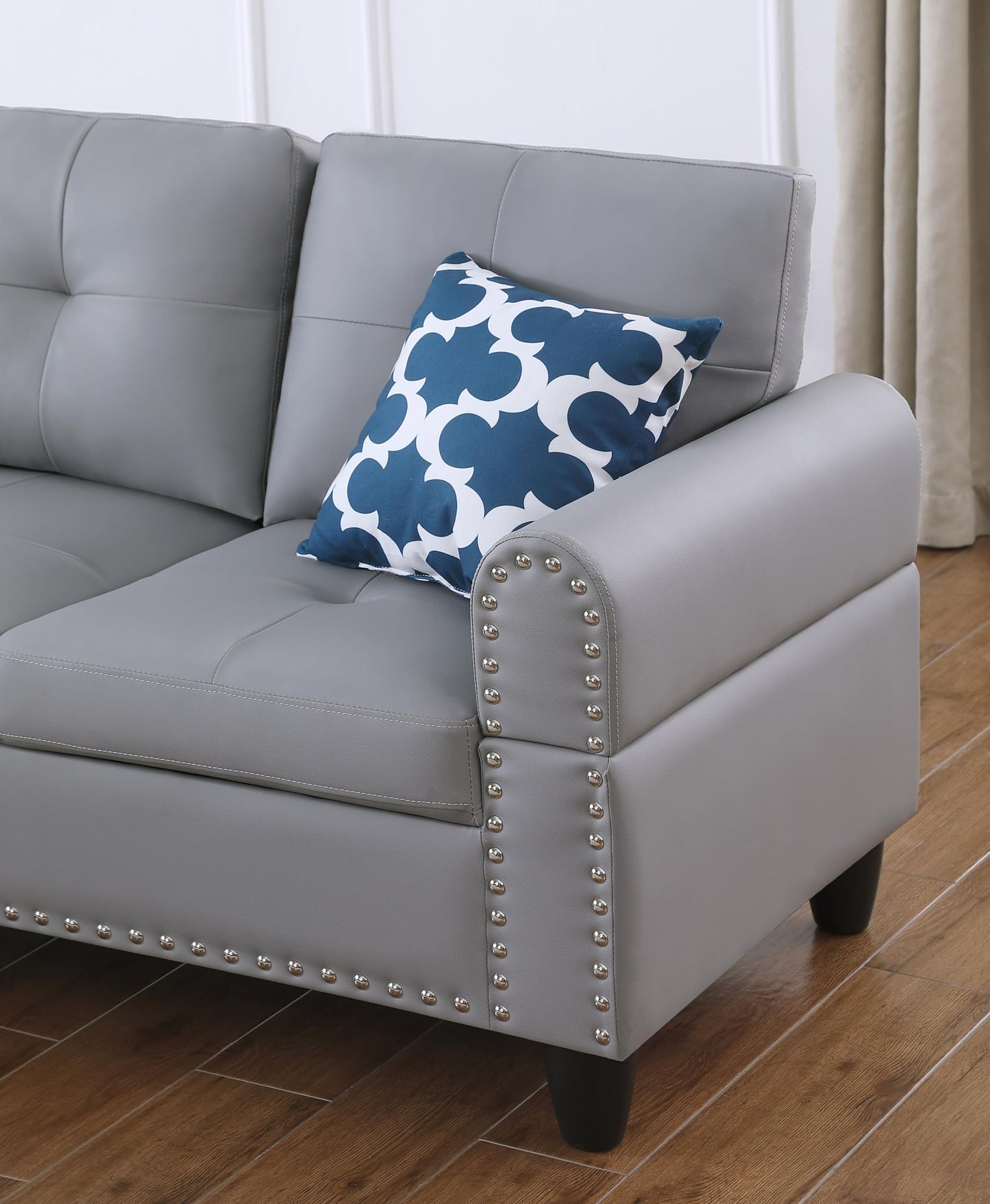 Ball & Cast 98" L Shaped Sectional Couch for Living Room with Storage Ottoman&Nailhead Trim,4 Seat Faux Leather Upholstered Modular Sectional Sofa Set 3 PCS W/Chaise&Cup Holders,for Home,Office,Gray