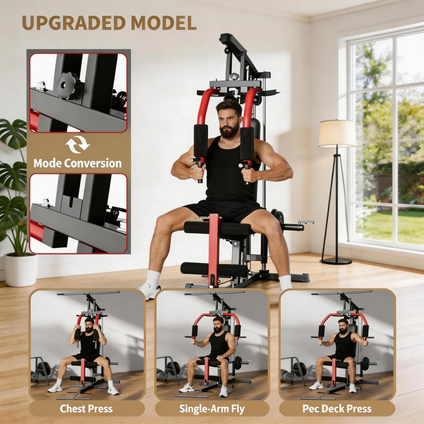 Full Body Workout Machine - 5-in-1 Home Gym Equipment with LAT Pulldown, Chest Press, Leg Extension & Seated Row, 300LB Capacity Strength Training Station, Fits 1” & 2” Weight Plates (Not Included)