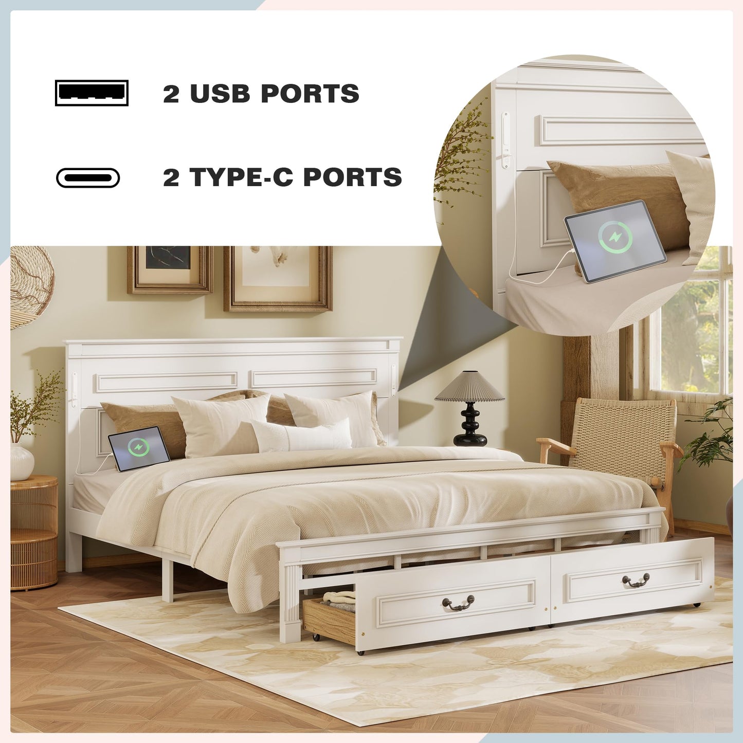 KEIKI Queen Size Farmhouse Bed Frame with 2 Storage Drawers & LED Lights & USB-C Charging Ports, Solid Wood Platform Bed with Tall Panel Headboard & Footboard, No Box Spring Needed, White
