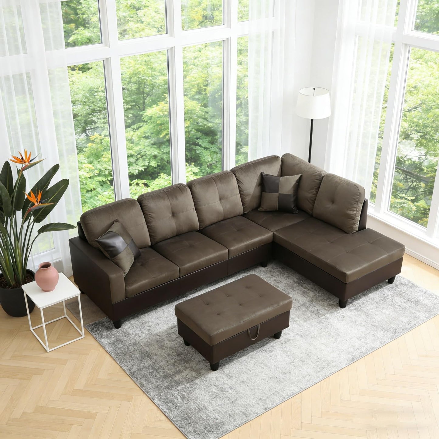 Trygoal 103.5 inch L-Shape Sofa with Storage Ottoman, Flannel Sectional Couch with Right Chaise, Modern 3-Piece Sofa Set, Upholstered Couch Set with Solid Wood Frame for Apartment, Loft, Taupe