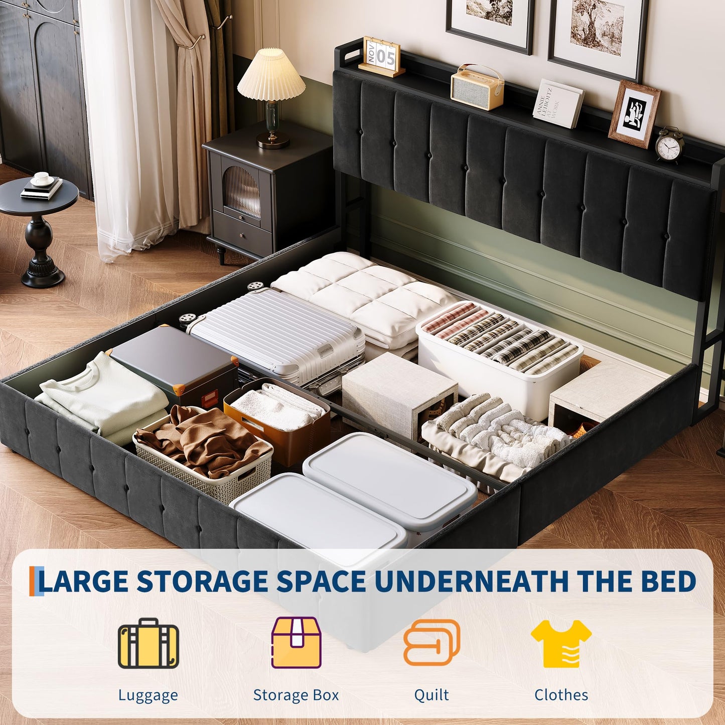 GarveeHome King Bed Frame with Lift Up Storage, Upholstered Velvet Bed with Storage Headboard, Metal Platform Bed, Hydraulic Support, No Box Spring Needed, Black