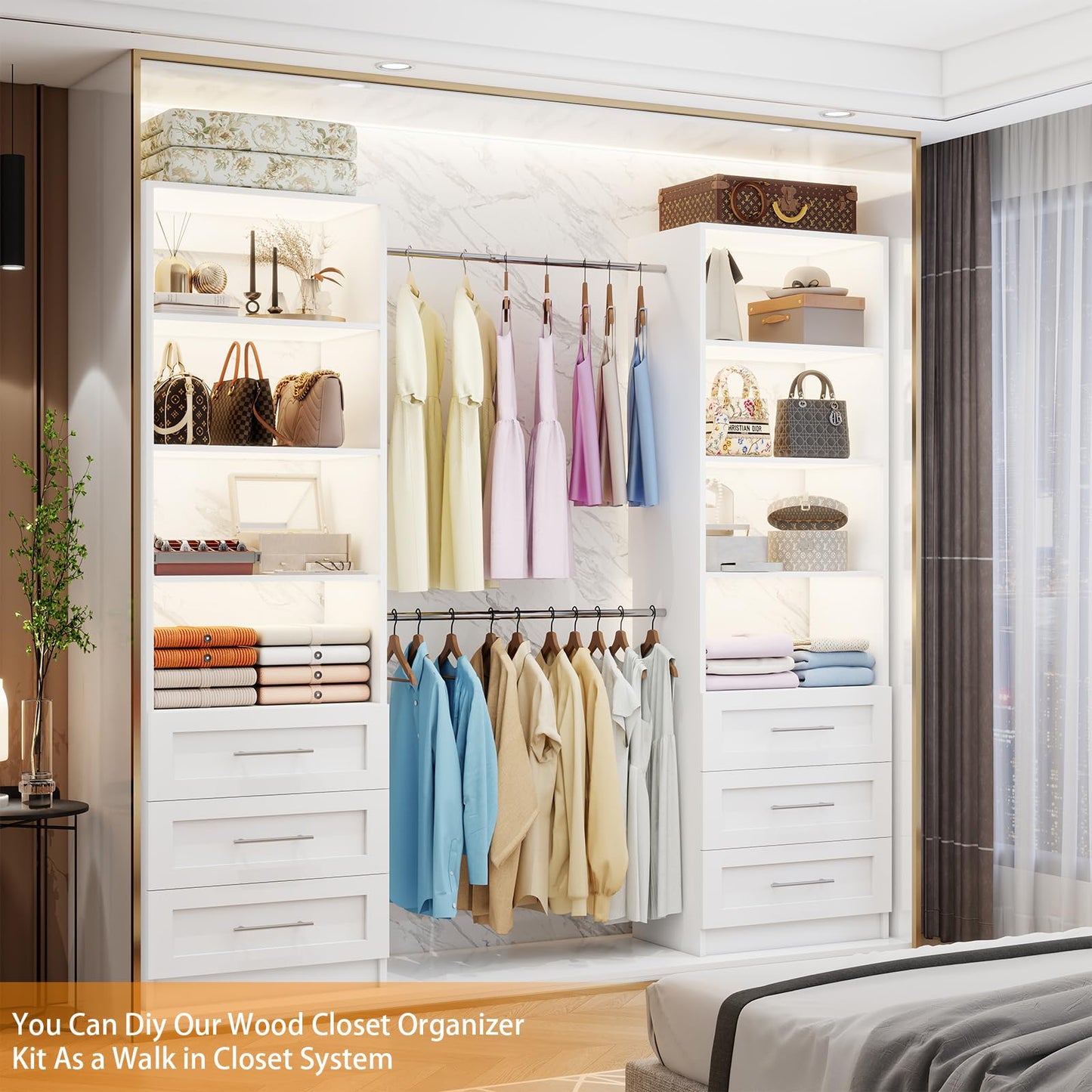 Secilix Closet System with 6 Drawers, 6FT-15FT Wooden Closet Organizer System with 8 Expandable Hanging Rods and Shelves, Closet Shelving System for Walk in Closet for Bedroom,Wall Mount, White 2 Sets