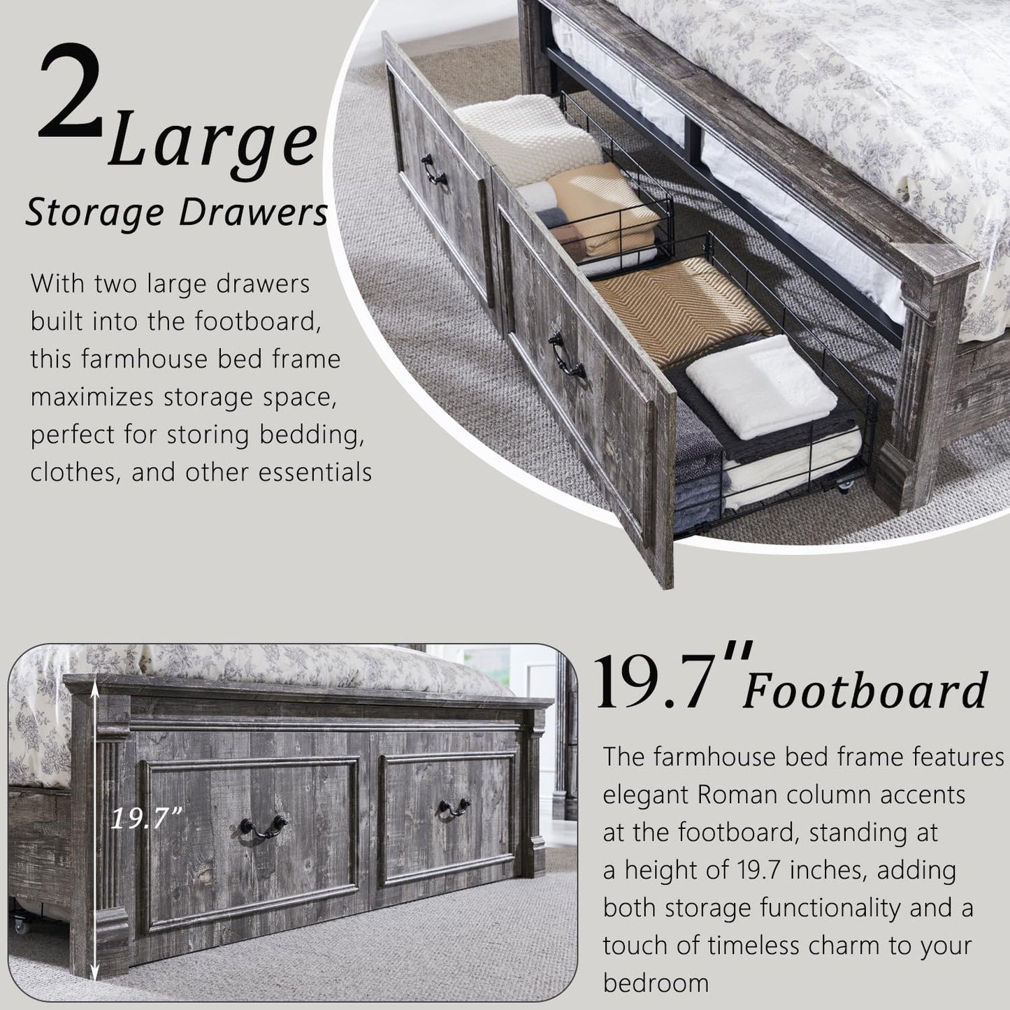 Aitjunz Farmhouse Queen Size Bed Frame with 51" Tall Headboard, Wood Platform Bed Frame with 20" Tall Roman Column Decoration Footboard & 2 Large Storage Drawers, No Box Spring Needed (Light Grey)