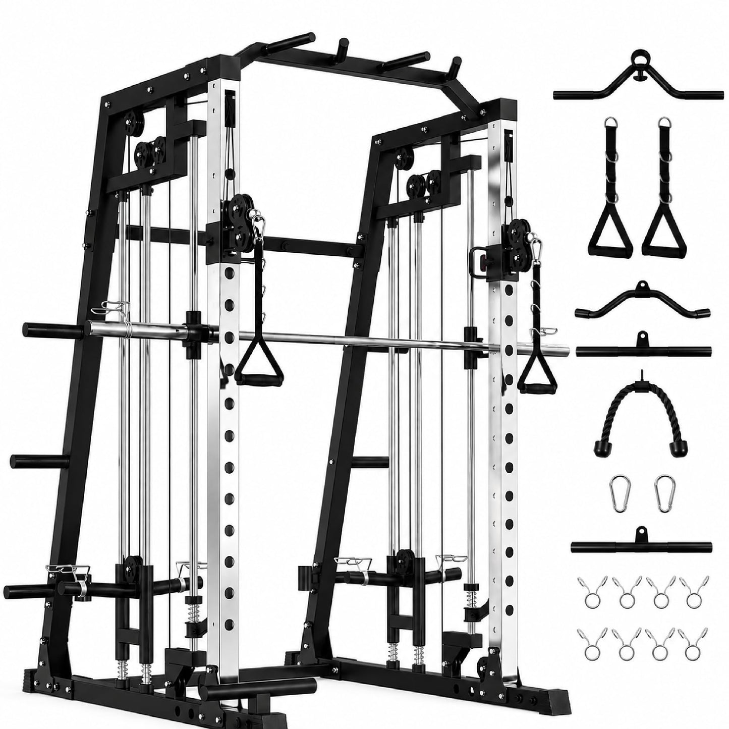 Smith Machine, 2000LBS Power Cage with Cable Crossover System, Squat Rack with Smith Bar, All-in-One Home Gym System, Dual Independent Pulley,LAT Pulldown,Pull-Up Bar, Landmine, J Hooks