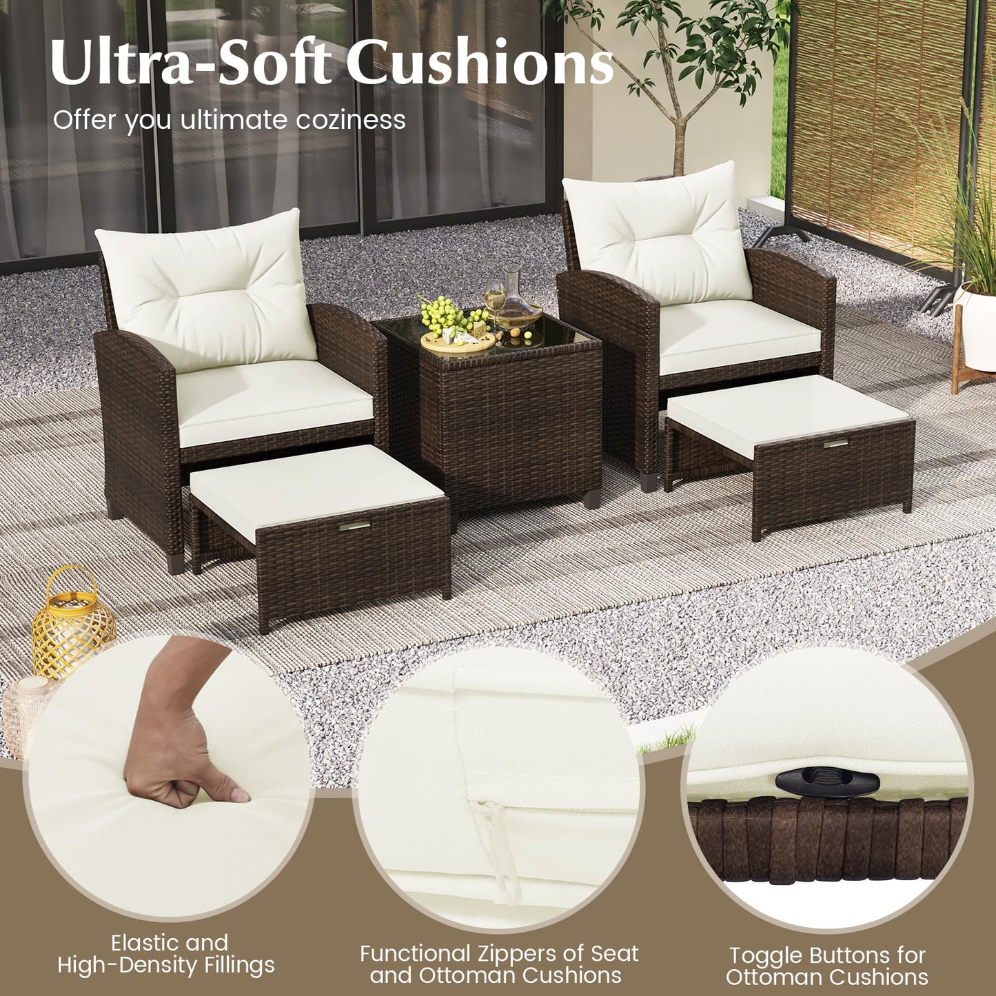 Tangkula 5 Pieces Patio Conversation Set, PE Wicker Outdoor Furniture Set with 2 Chairs, 2 Ottomans & Tempered Glass Coffee Table, Ideal for Poolside, Backyard, Lawn, Deck, Mix Brown & Off White