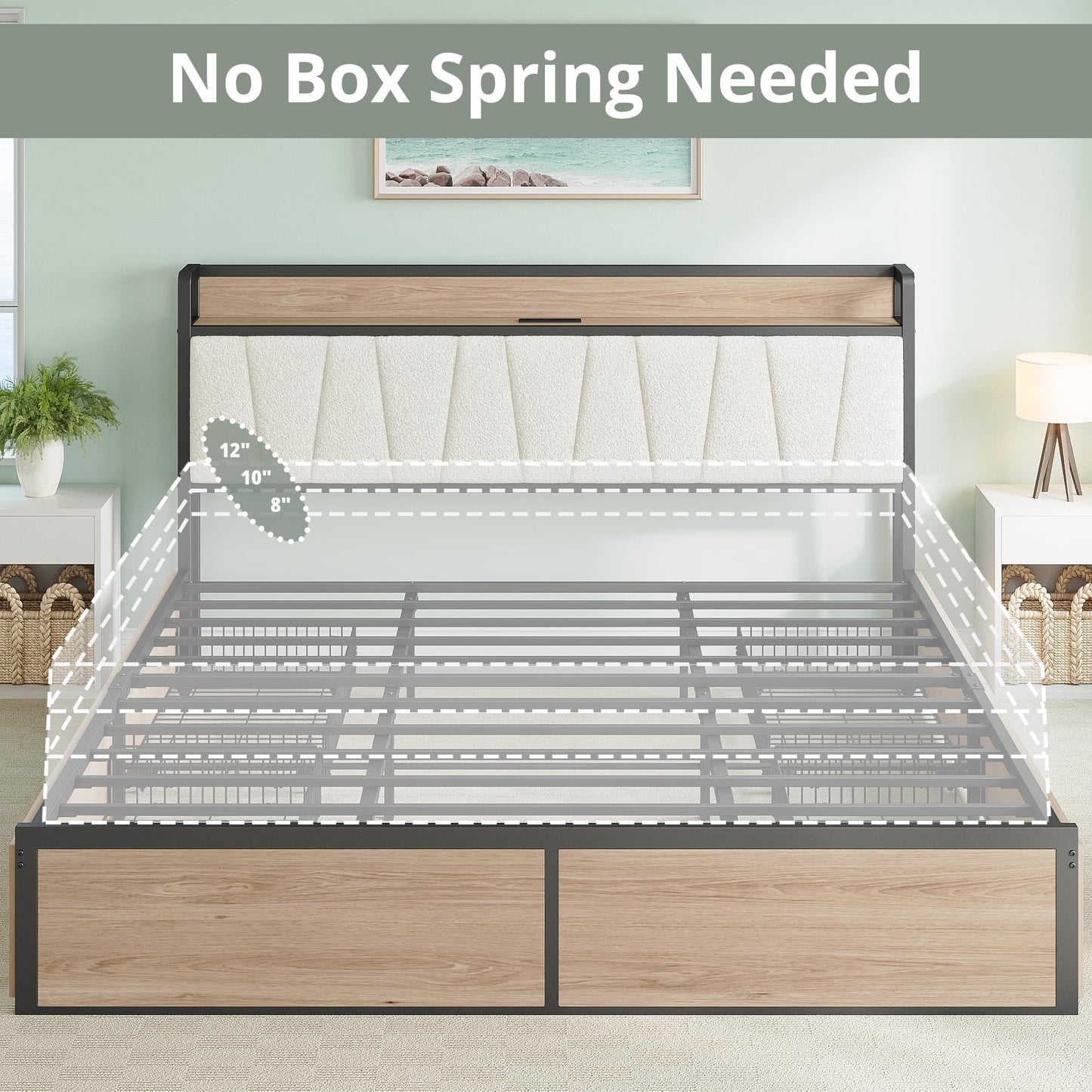 LIKIMIO California King Bed Frame with 4 Storage Drawers, Platform Bed with Charged Headboard, Sturdy and Stable, No Noise, No Box Spring Needed, Easy to Install, Wood and Cream