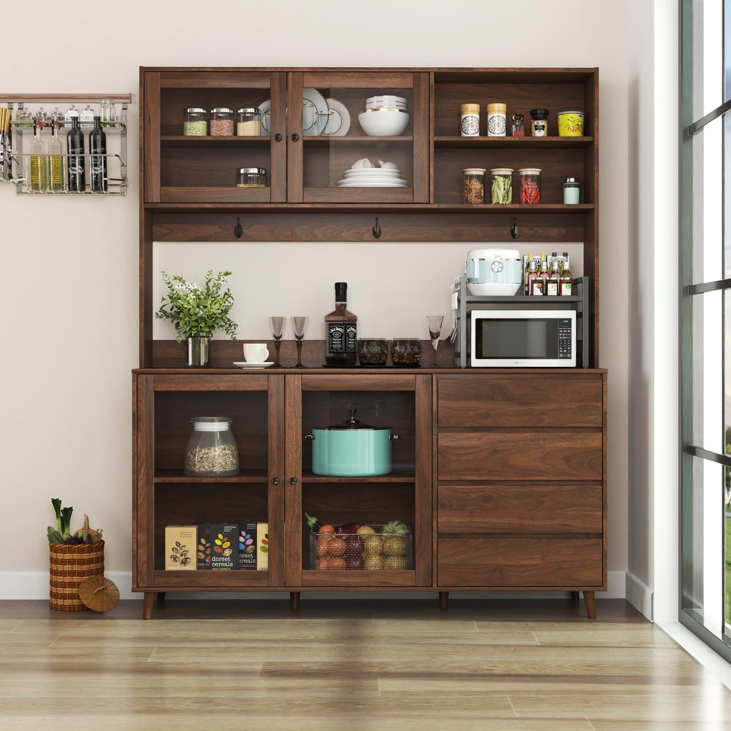 Ball & Cast 63" Large Kitchen Hutch Cabinet with Multi-Layer Shelves and 4 Doors & Drawers,Freestanding Pantry Storage Cupboard with Microwave Shelf,for Kitchen,Apartment,Livingroom,Walnut