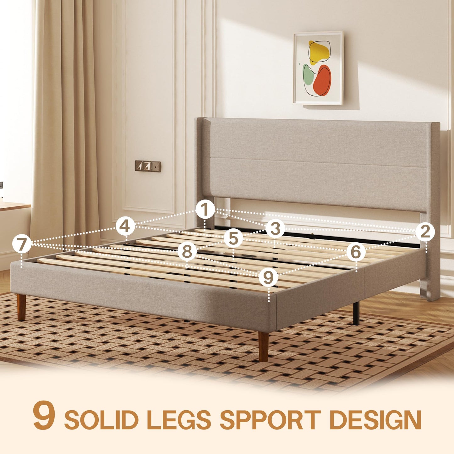 Mxhtcewz King Size Bed Frame, Linen Upholstered Platform with Wingback Headboard, Wooden Slats Support, No Box Spring Needed, Easy Assembly, Beige