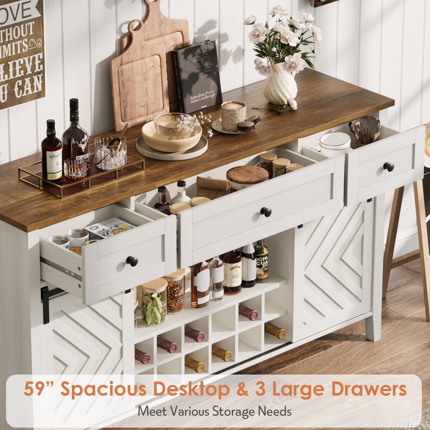 CABIHOME Farmhouse 47.2'' Buffet Cabinet with Sliding Barn Door, 33.4'' Tall Wood Rustic Sideboard with 3 Drawer, Adjustable Shelf and Removable Wine Rack (White, 59'')