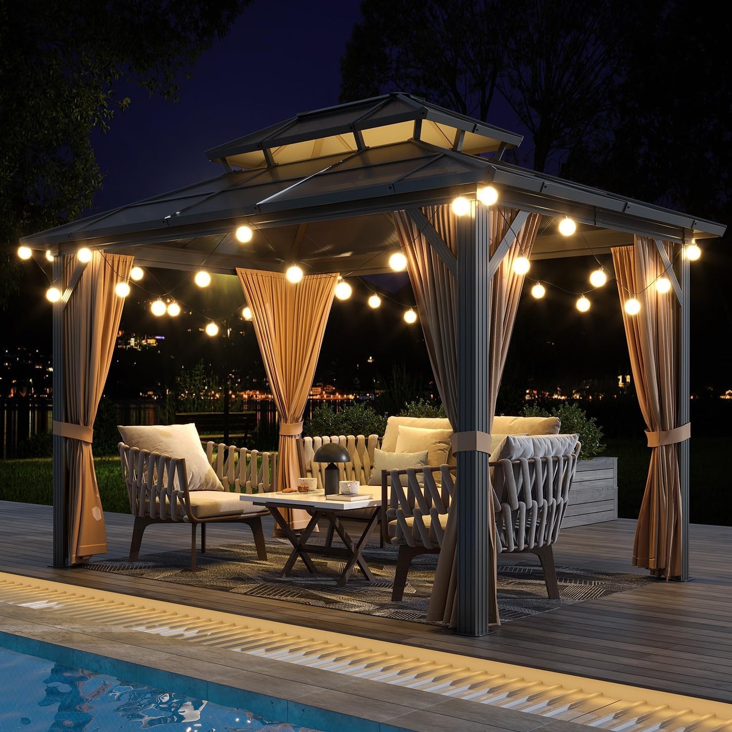 Hetoy 10'x13' Gazebo Hardtop Gazebo, Heavy Duty Aluminum Frame Permanent Pavilion with Curtains and Netting, Outdoor Polycarbonate Double Roof Canopy, Outdoor Pavilion for Patio, Garden, Lawn