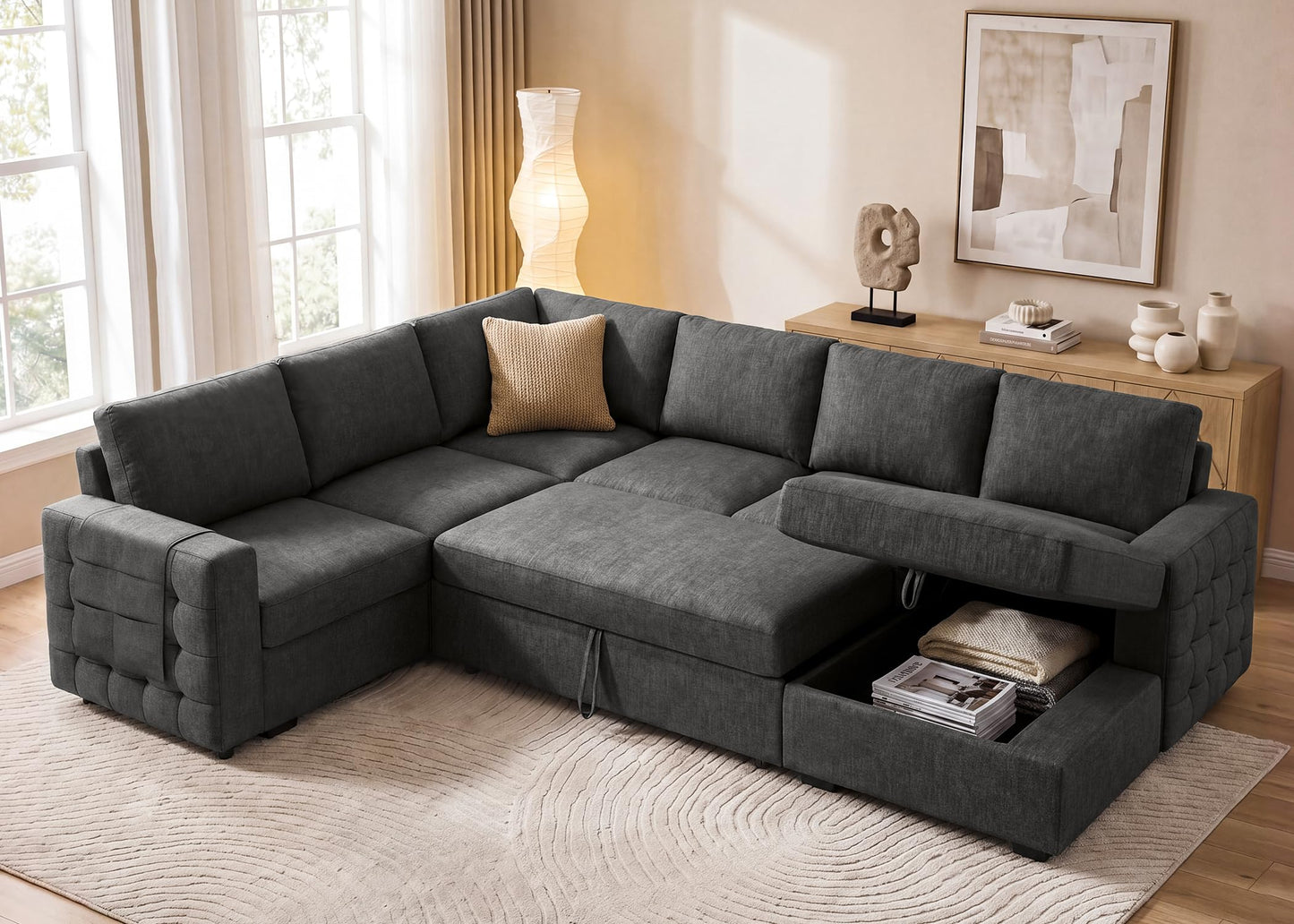 HONBAY Sectional Sleeper Sofa with Pull-Out Bed Storage Chaise, 6 Seater Couch for Living Room, Middle Grey