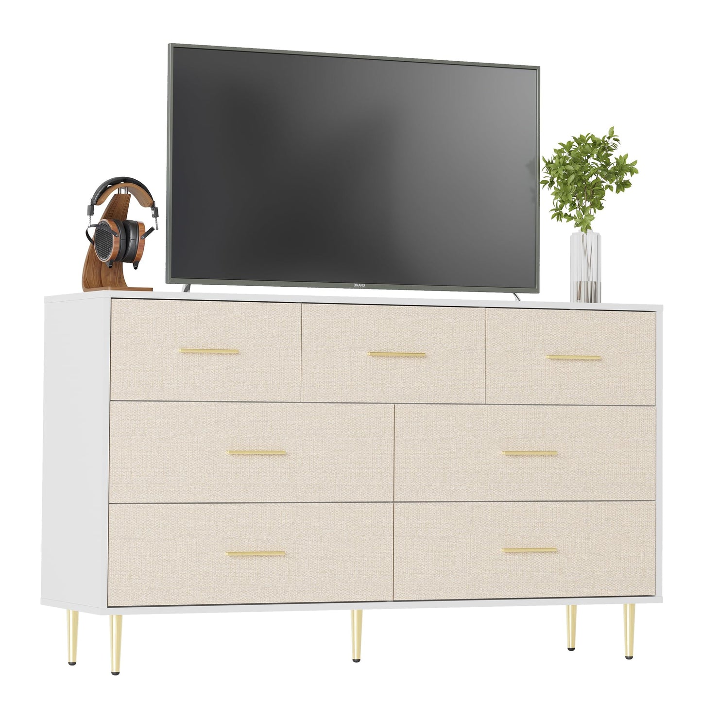 Garvee White Dresser, Modern 7 Drawer Dresser for Bedroom with Gold Handle and Legs, Wooden Nightstand with Linen-Textured Surface, Narrow Accent Cabinet End Table for Living Room, Hallway, Entryway