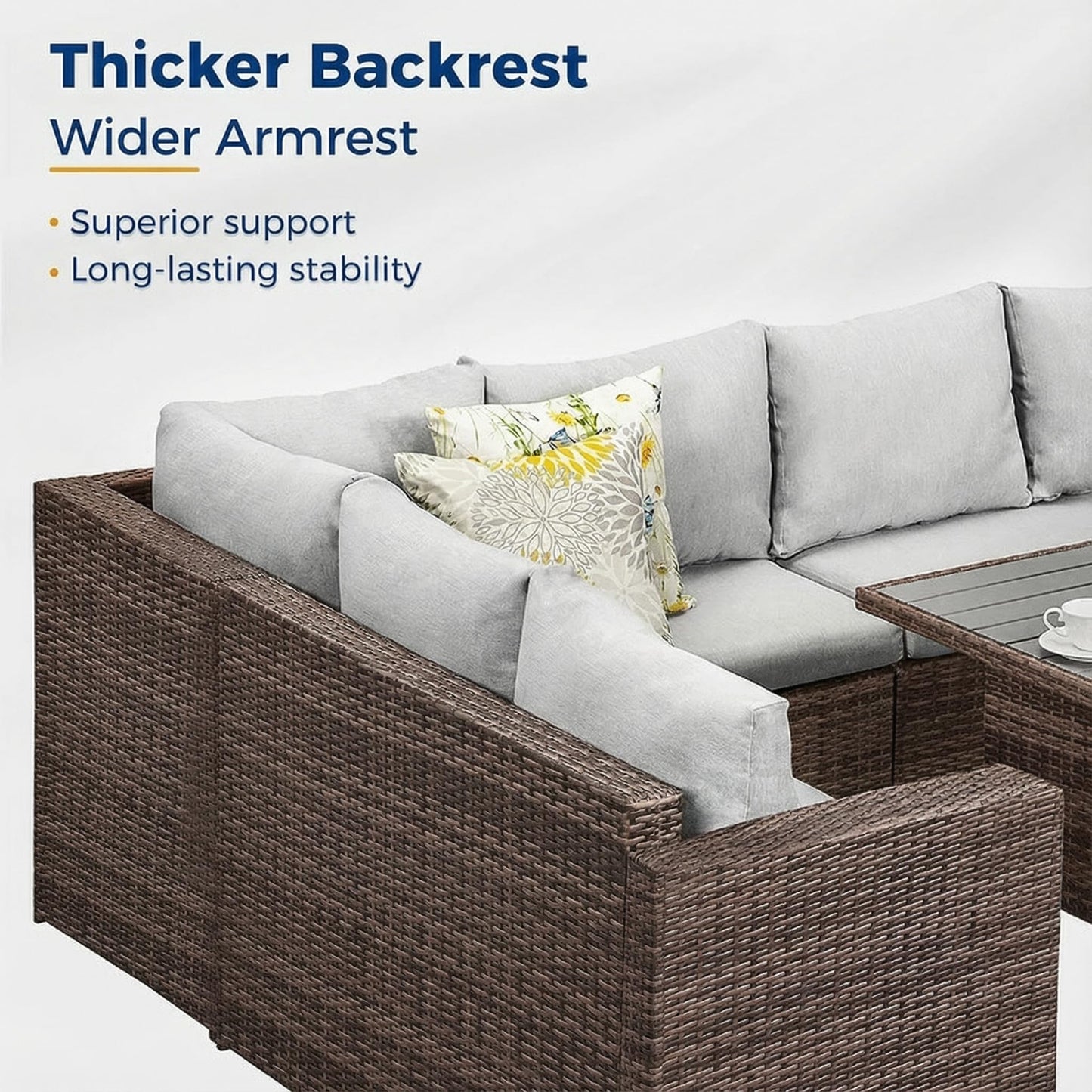 Wisteria Lane 7 Piece Patio Furniture Set, Wicker Patio Sectional with Wide Armrest, All Weather Outdoor Dining Set, Outdoor Furniture Patio Conversation Set with Ottoman, Grey