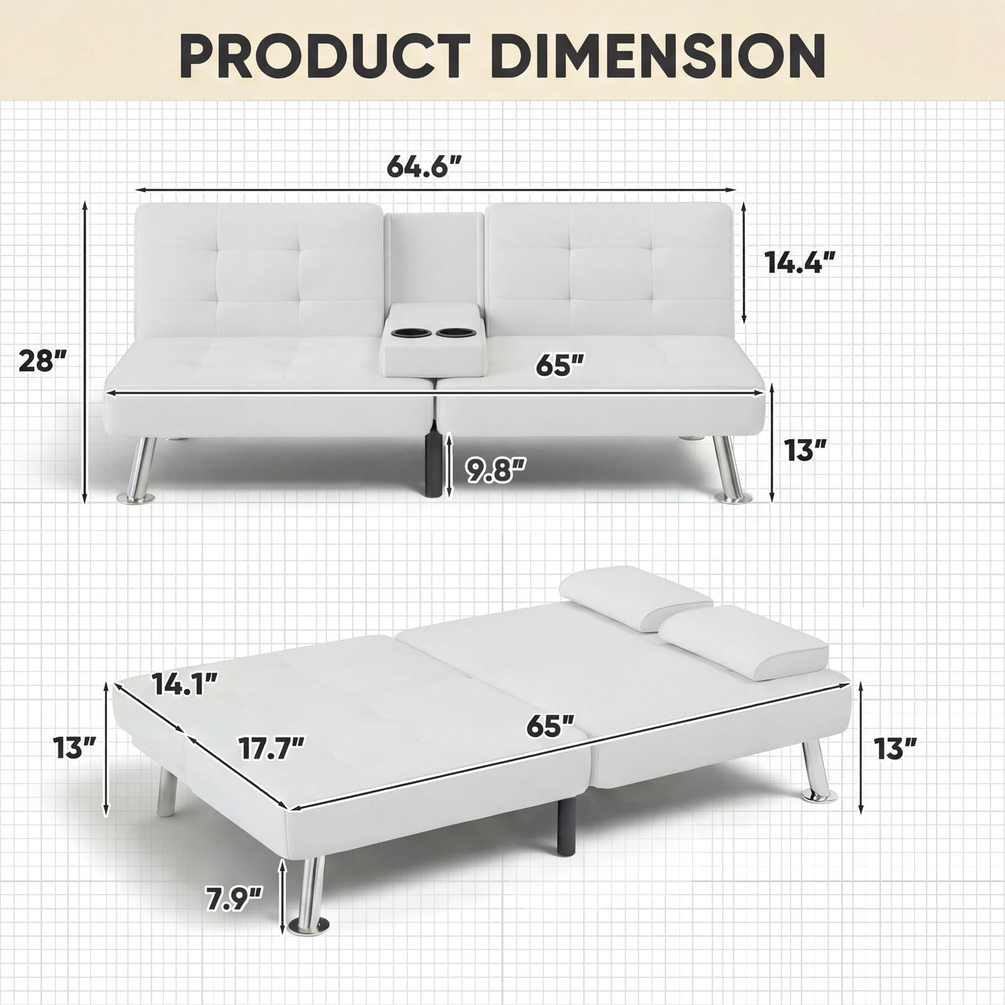 YESHOMY Modern Futon Sofa Bed, Convertible Futon Couch with Adjustable Backrest, Futon Loveseat Sleeper Sofa Bed with Armrest for Living Room, Small Spaces,PU Leather, White