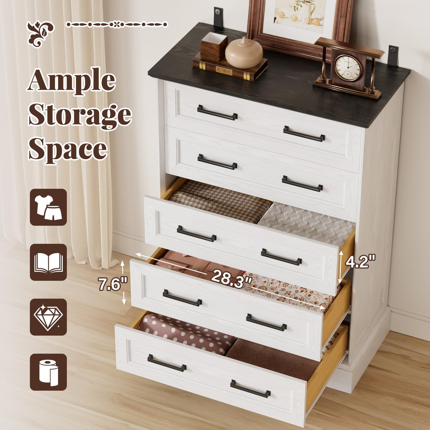 Furmax Farmhouse Dresser for Bedroom, 5 Drawers Dresser, Wood Chest of Drawers, 31.5" Wide Storage Dressers Organizer for Bedroom, Living Room (White and Black)