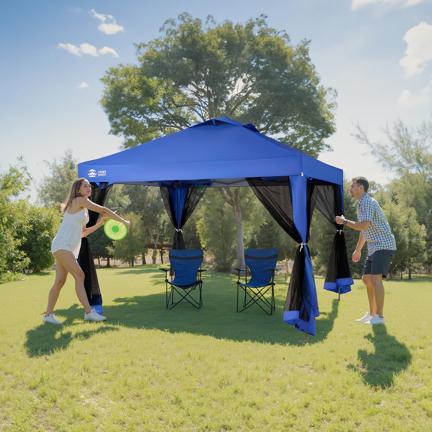 CROWN SHADES Gazebo 10x10 Pop Up Canopy with Mosquito Netting, Screen Tent with 4 Ropes, 8 Stakes, 4 Sandbags and Wheeled Storage Bag, Canopy for Patio & Backyard Parties,Camping&Events -(Blue)