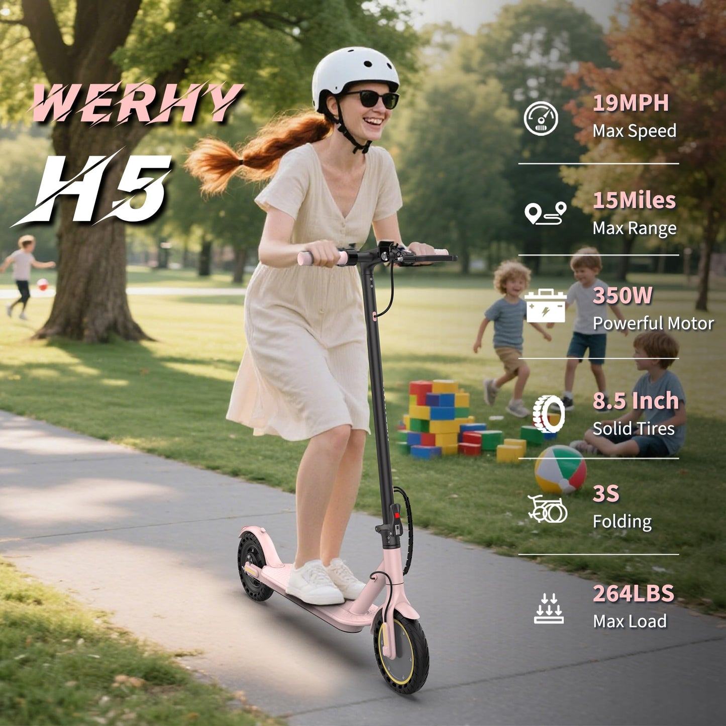 Electric Scooter, 350W Motor & 8.5" Solid Tires, Up to 19 MPH & 15 Miles Rang, Foldable Commuter E Scooter for Adults & Teens