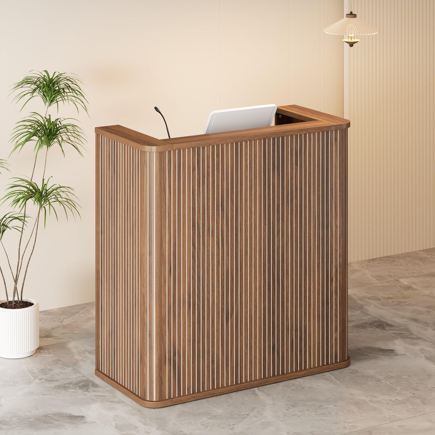 42.1 Inches Reception Desk,Fluted Round Corner Modern Reception Table,Front Counter Table,for Salons, Offices Lobbies Retail Stores and Home Offices (Walnut)