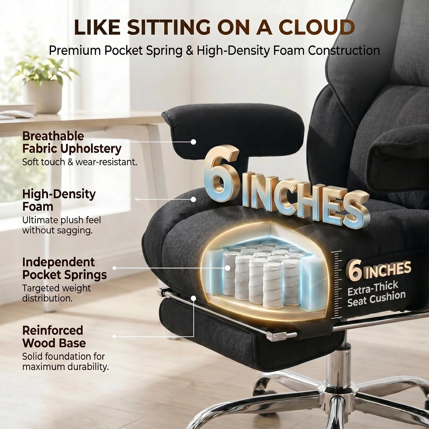 mokodo Big and Tall Office Chair 400lbs, Breathable Fabric Executive Desk Chair with Pocket Spring Cushion, 155° Reclining Computer Chair with Integrated Headrest & Lumbar Pillow (Black)
