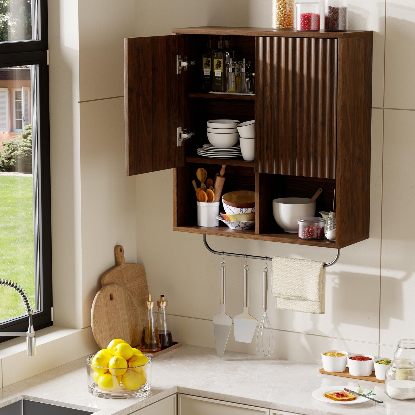 MoomJiee Fluted Wall Cabinets with Doors and Shelves Set of 2, Modern Medicine Cabinet Bathroom Adjustable Shelf Towel Rack Wood Storage Cabinet for Kitchen Dining Room Living Room, Brown