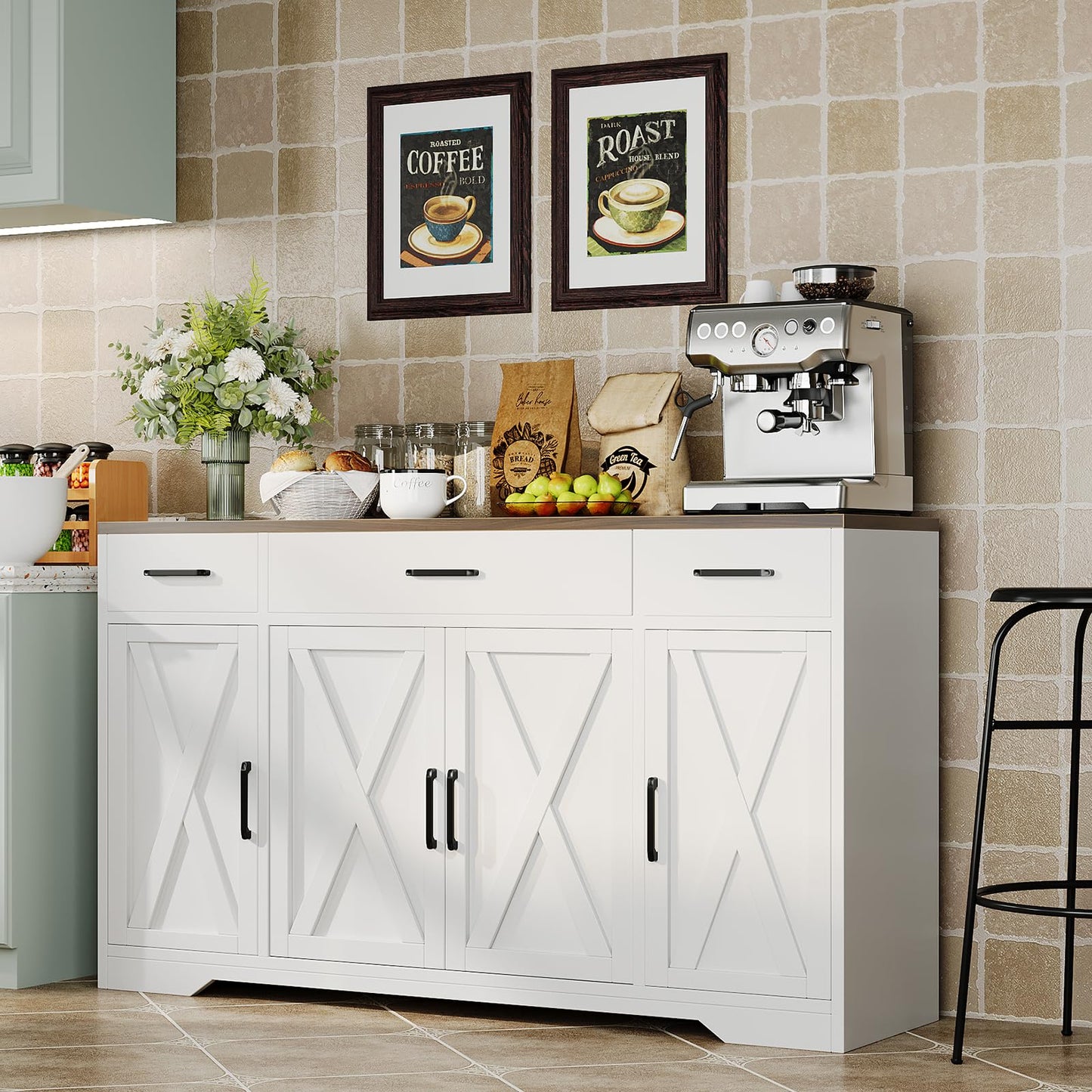 Garvee 55 in Large Buffet Sideboard Cabinet with Storage 4 Doors and 3 Drawers Kitchen Storage Cabinet Coffee Bar Buffet Table for Dining Room, Living Room, Adjustable Shelf