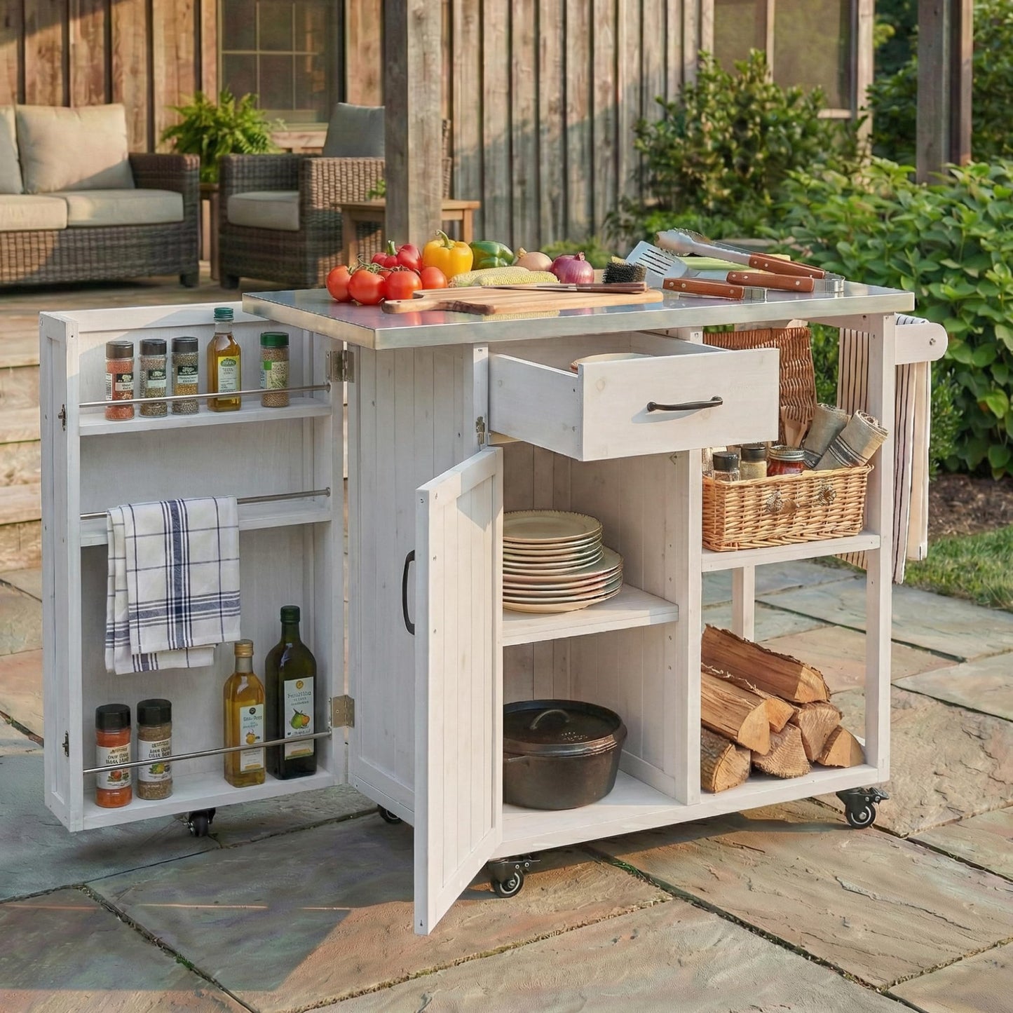 Outdoor Kitchen Island Cart with Stainless Steel Top, Rolling Grill Table with Storage Cabinet Drawer Shelves and Towel Rack, Wooden BBQ Prep Station with Lockable Wheels for Patio Backyard, White