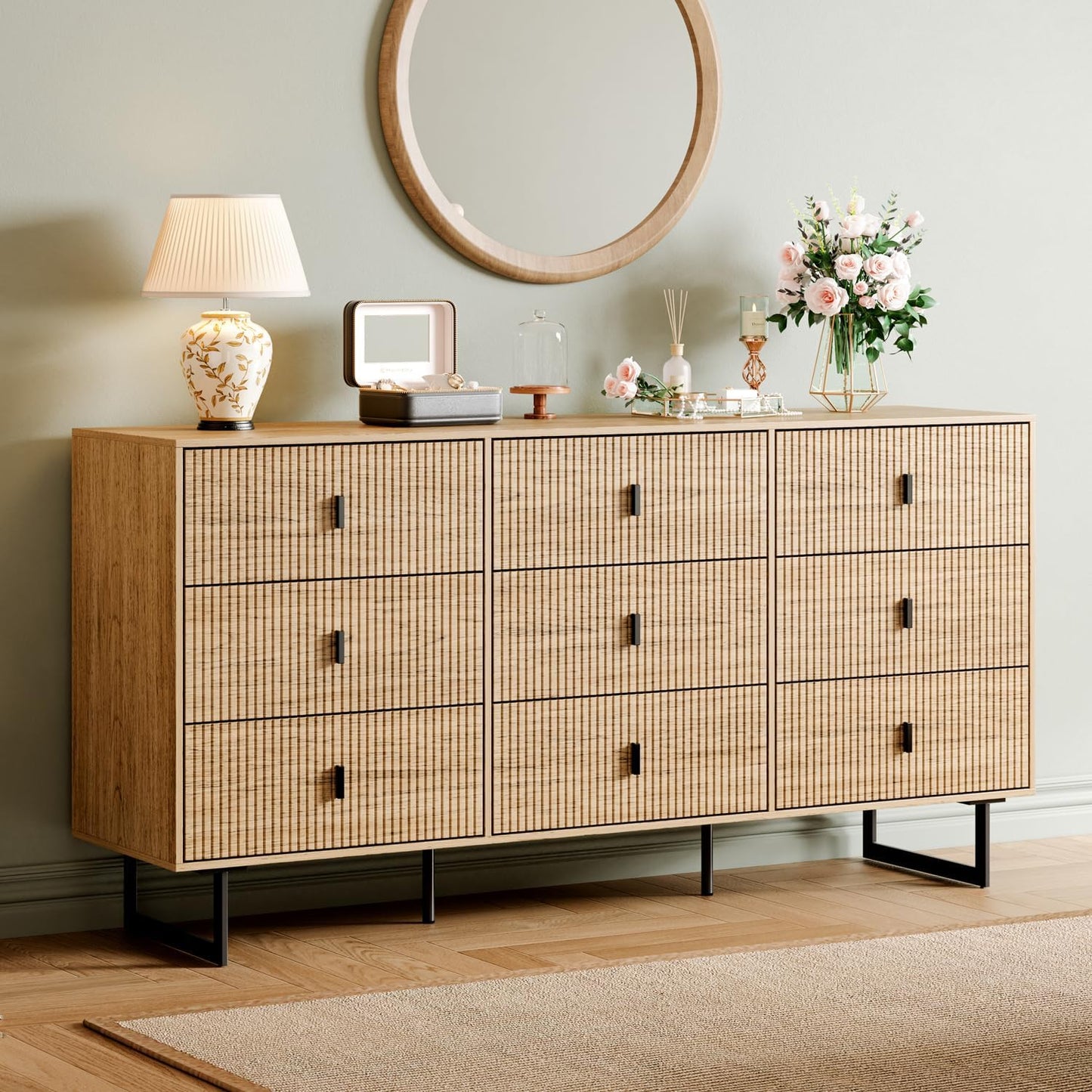 Chrangmay Modern Chest of Drawers with 9 Drawers,Deep Drawers,Clothes Organizer,Large Storage Cabinet for Living Room, Bedroom,Hallway,with Anti-Tipping Device, Oak