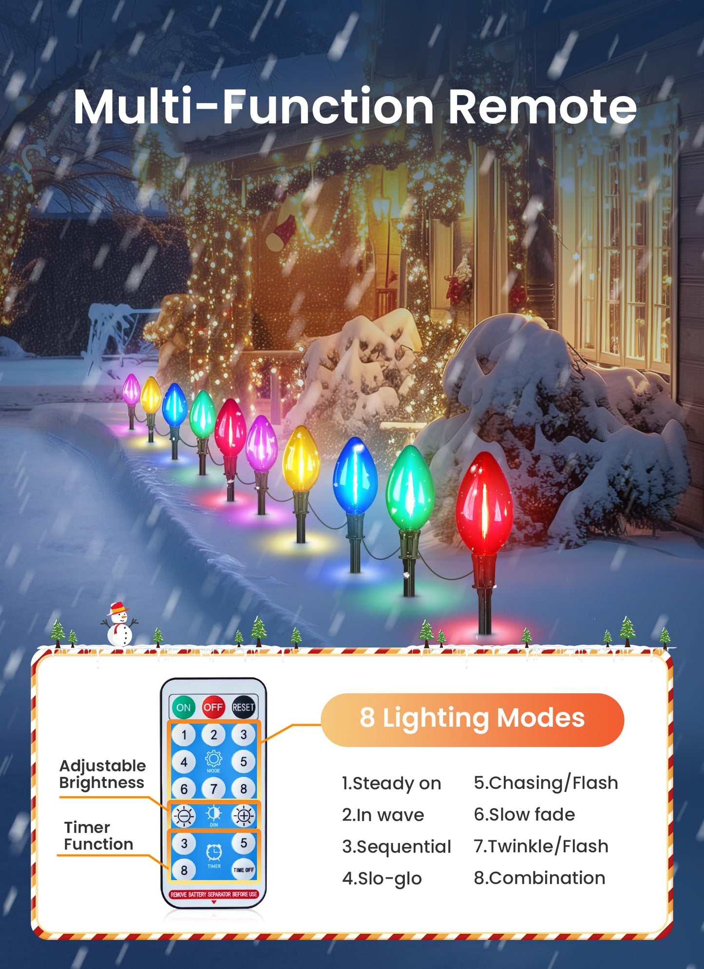 Minetom Solar C9 Christmas Pathway Lights - 20 LED, 8 Modes, Timer, 32FT, 2 Pack, Multicolor