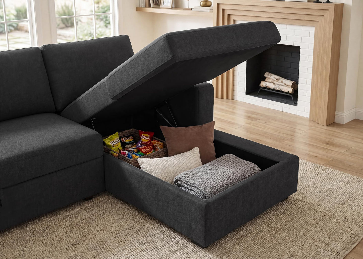 HONBAY Sectional Couch with Pull Out Bed, Sectional Sleeper Sofa with Storage, U Shape Couches for Living Room, Dark Grey