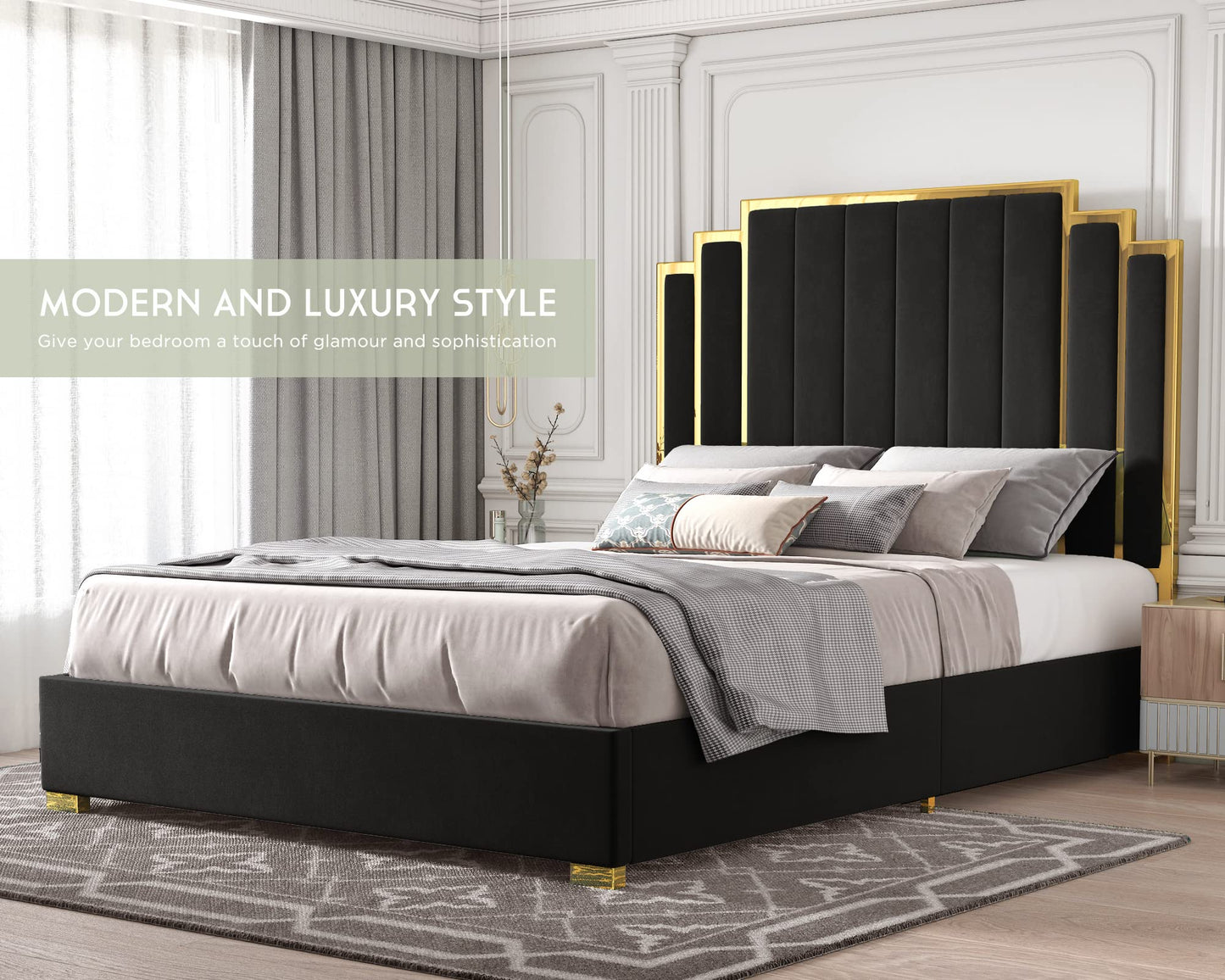 HOWE 61" King Size Upholstered Bed Frame with Golden Plating Trim, Black