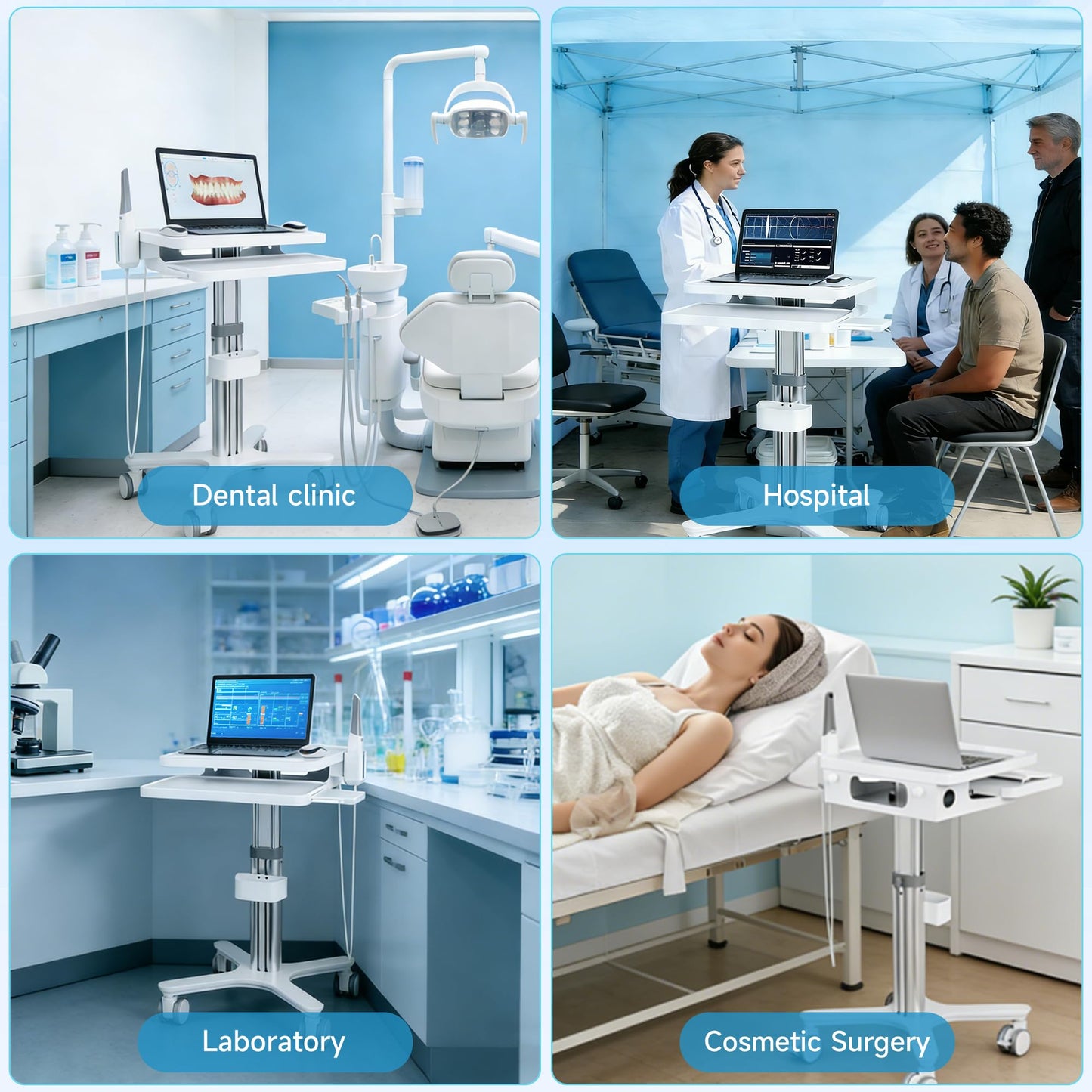Dental Clinic Trolley Cart with Oral Scanner Holder, Dental Scanner Cart with Laptop Tray, Mobile Workstation Equipped with Lockable Silent Wheels, Aluminum Alloy Bracket Adjustable Height（MTO-3）
