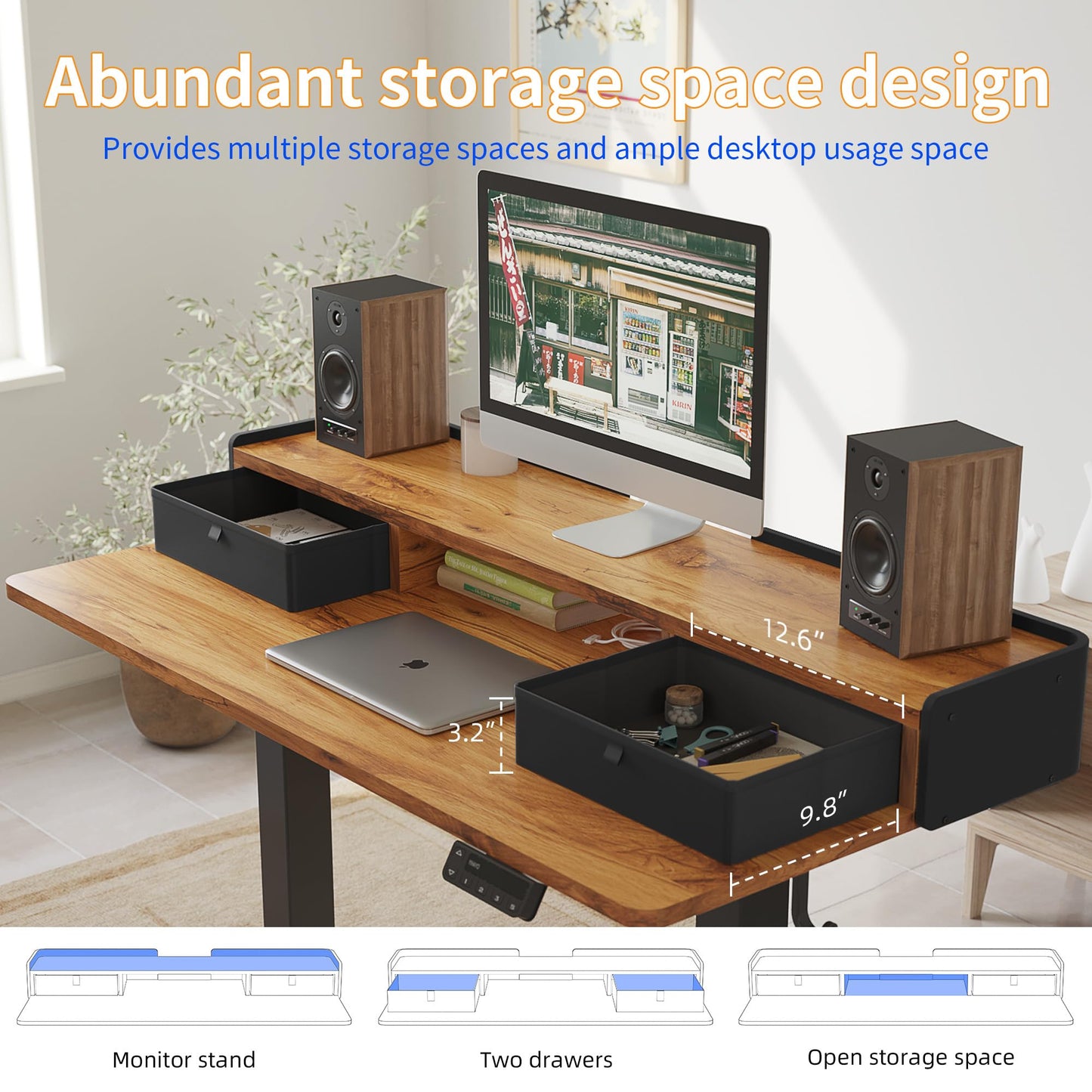 YIHAYO Low Height Adjustable Desk with Drawers, Lifts 18.1-28.3 Inches, Electric Standing Desk with Storage Shelf for short people, 48 x 24 Inches Table with Splice Board for Home Office, Rustic Brown