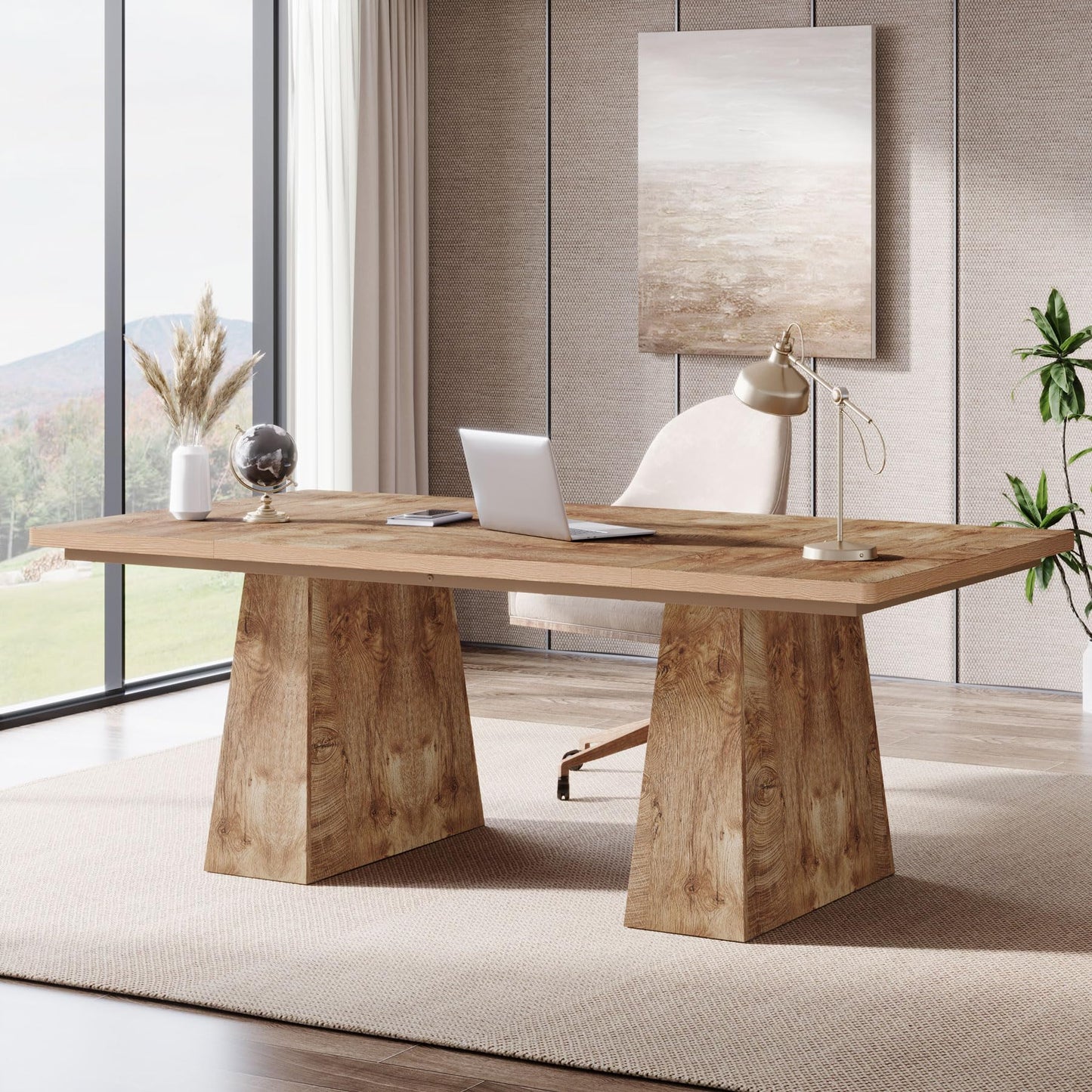 Tribesigns 63-Inch Executive Desk, Large Office Computer Desk with Double Pedestal, Modern Simple Workstations Writing Table Conference Table Business Furniture for Home Office, Natural