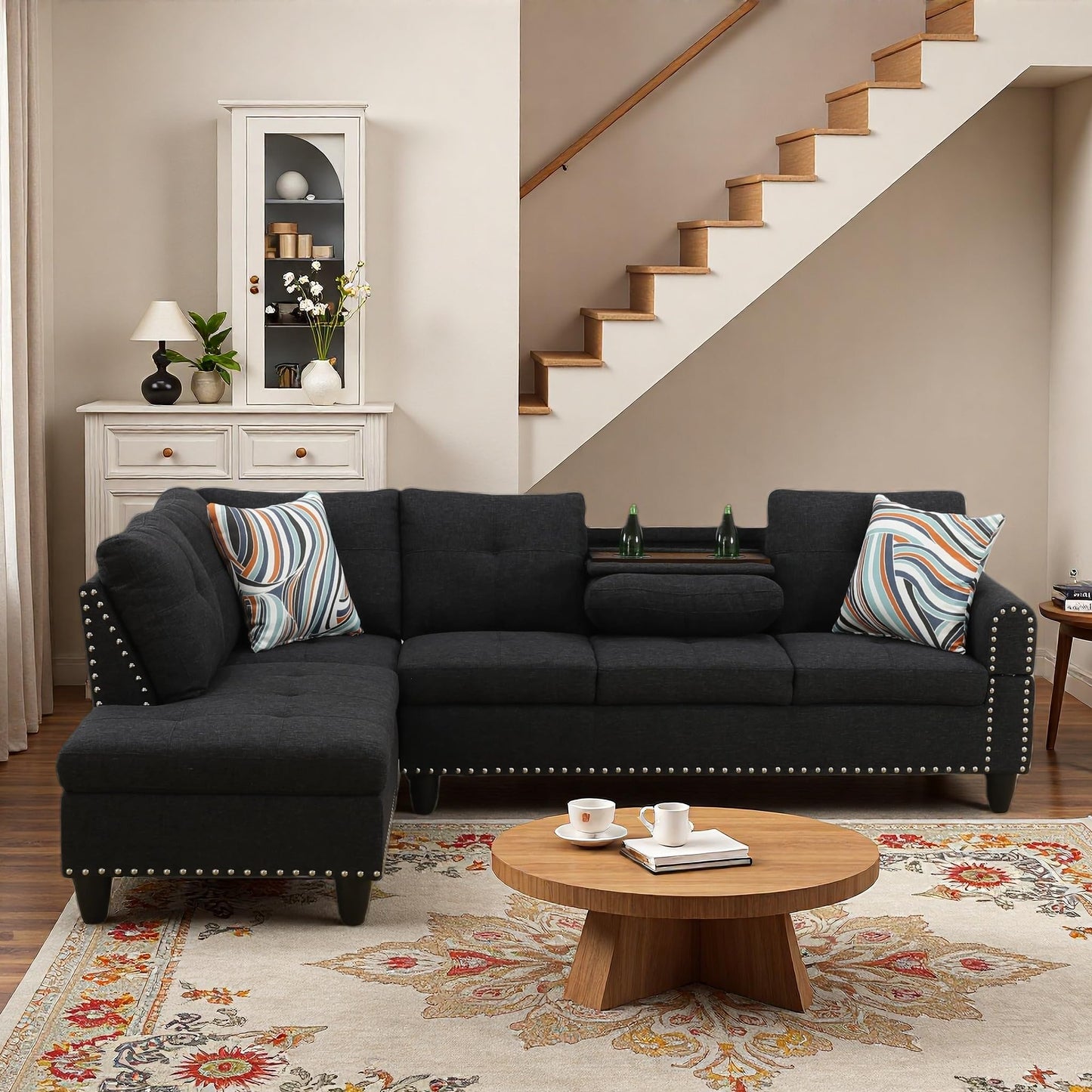 Trygoal L-Shaped Sectional Sofa, Modern 4-Seat Couch with Built-in Cup Holders, Upholstered Fabric Sectional Couch with Left Facing Chaise for Living Room, Apartment, Office, Black Gray