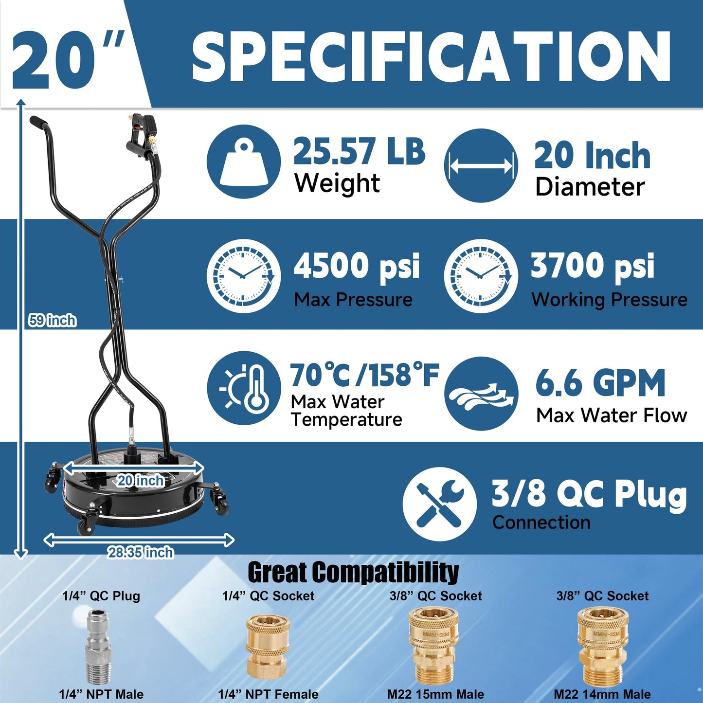 FIXFANS 20" Pressure Washer Surface Cleaner with 4 Wheels & Dual Handle, Power Washer Surface Cleaner Attachment Built in Filter, Pressure Washer Accessory for Cleaning Driveways and Patios, 4500 PSI