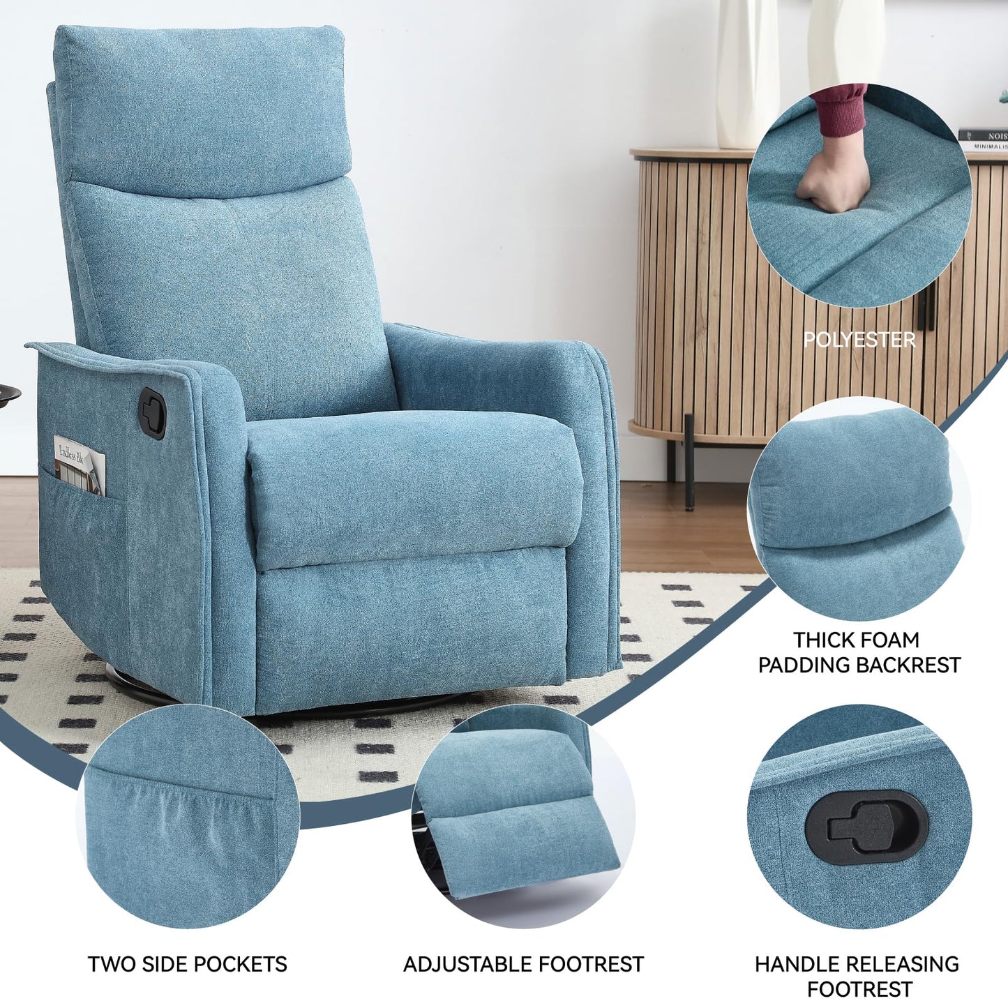 KEIKI 4-in-1 Manual Swivel Rocker Recliner Chair for Home Living Room, Polyester Chair with Back Massager & Heat, Home Theater Seating with Lumbar Support, 155 Perfect Angle Providing a Natural, Blue