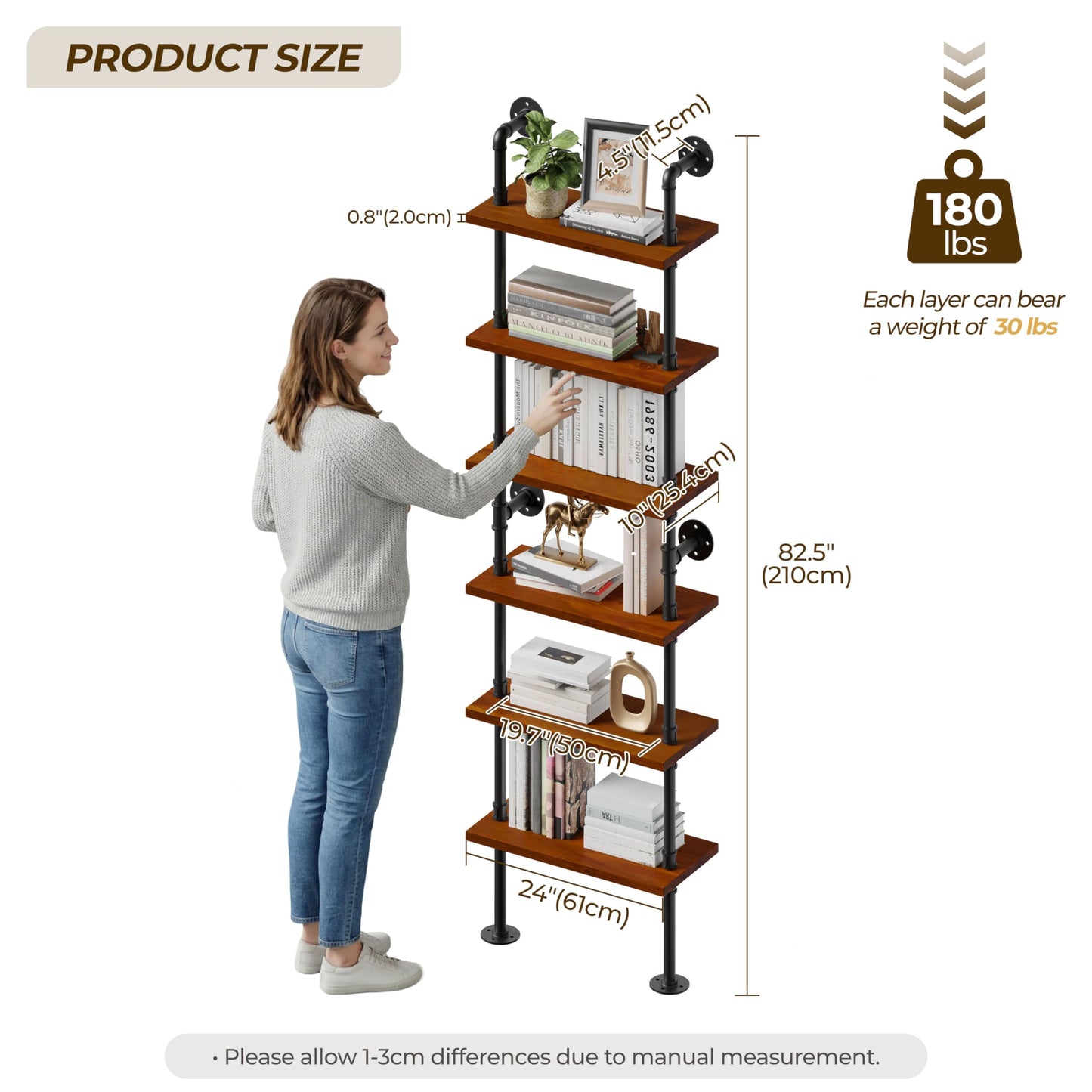6-Tier LED Ladder Shelf, Wall Mounted Pipe Bookshelf, Walnut Brown 24 Inch