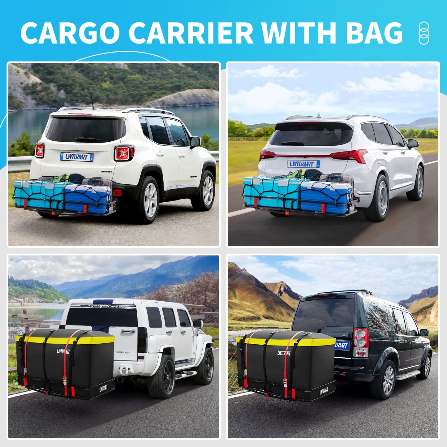 LWTURMRT 60"X21"X6" Hitch Cargo Carrier and Receiver Hitch Cargo Rack with Waterproof Cargo Bag(58"X20"X24"),Carrier Cargo Used Rust Resistant Baking Paint and Alloy Steel Material